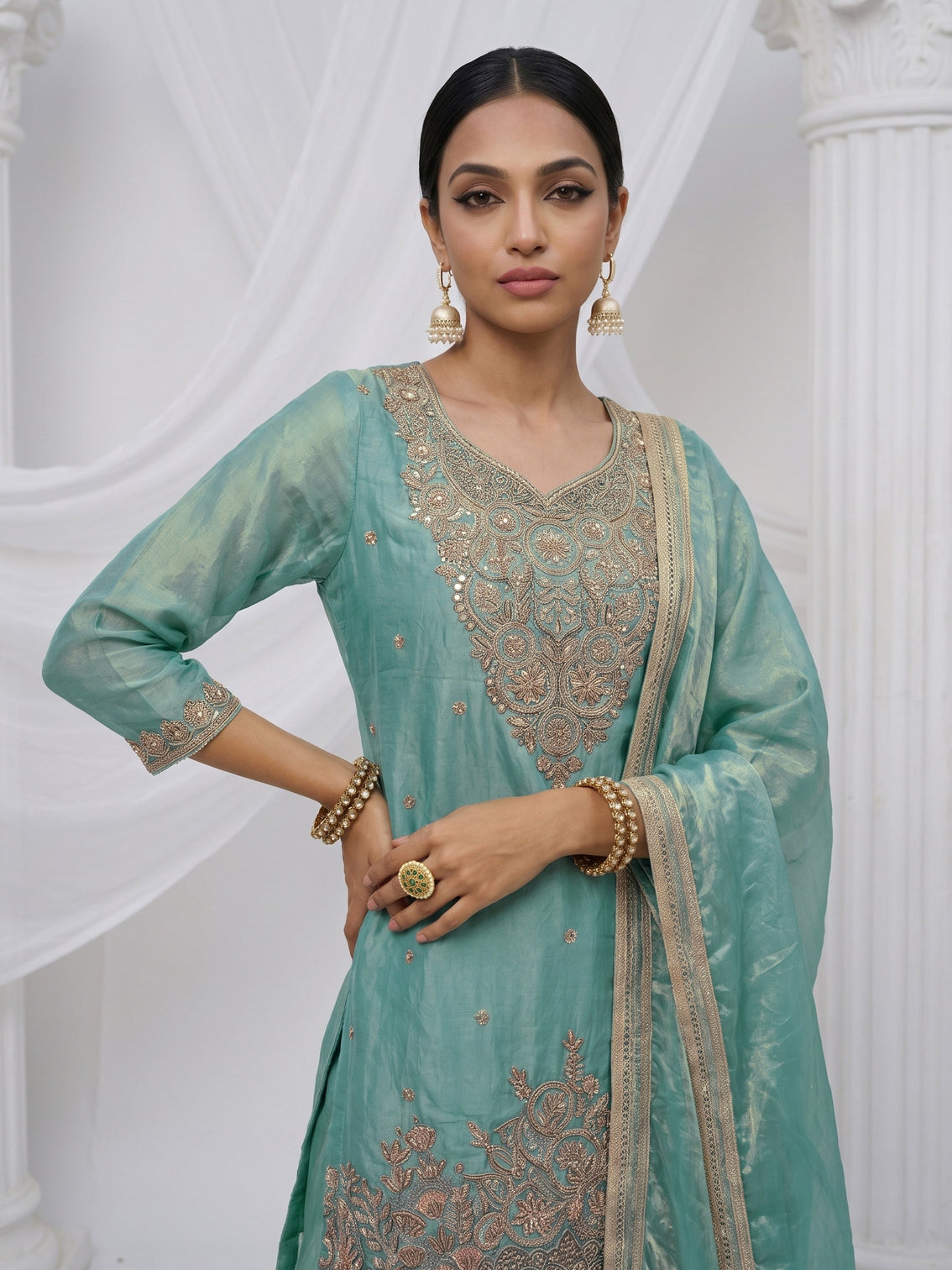 Mameraa Aqua Blue Floral Embellished Tissue Palazzo Suit Set