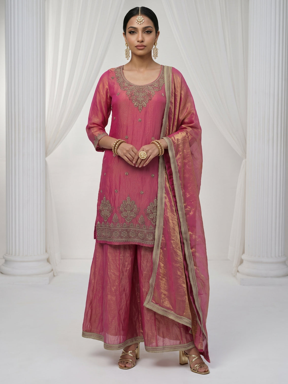 Mameraa Rose Pink Floral Embellished Tissue Palazzo Suit Set