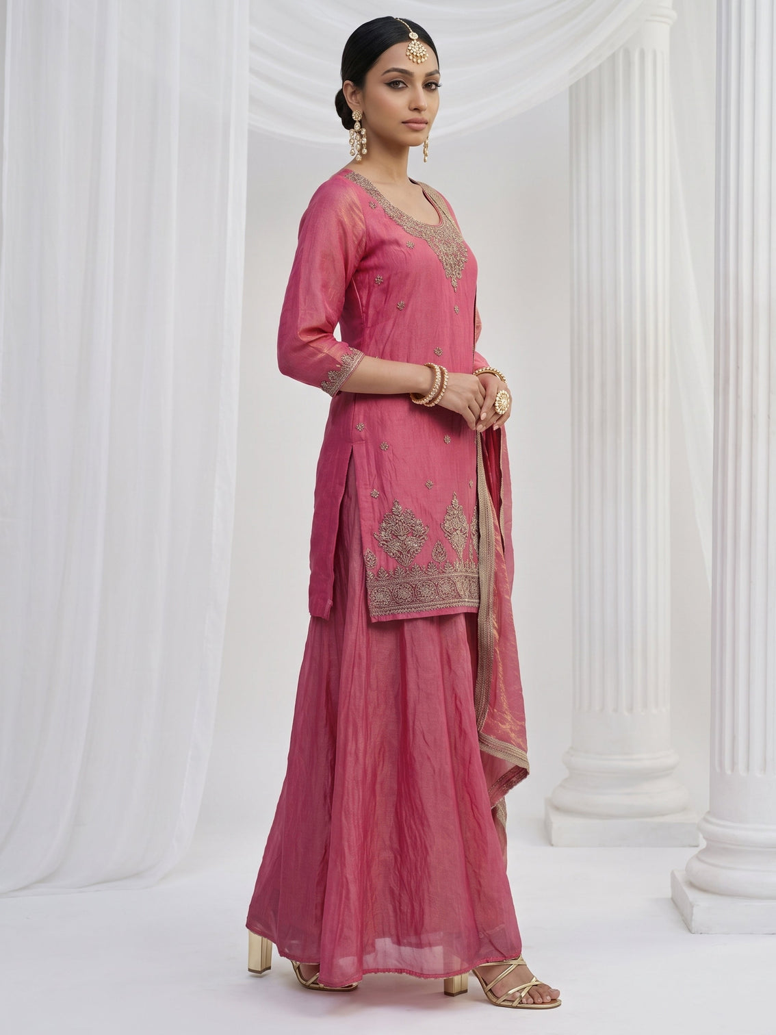 Mameraa Rose Pink Floral Embellished Tissue Palazzo Suit Set