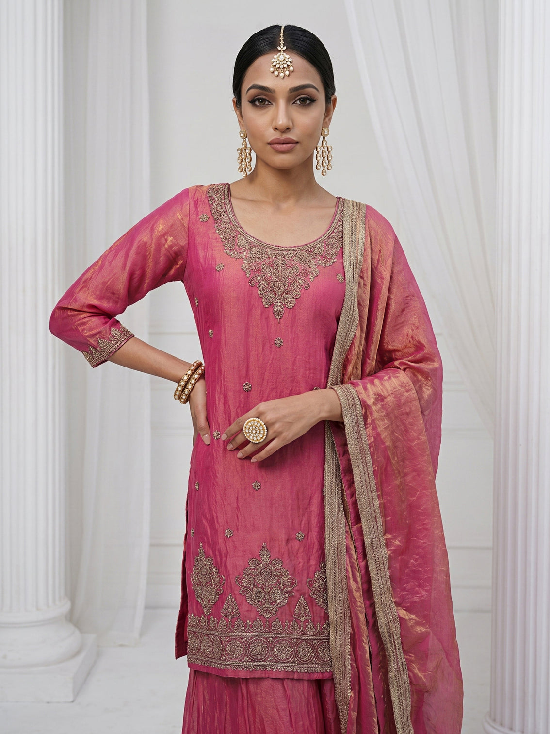 Mameraa Rose Pink Floral Embellished Tissue Palazzo Suit Set