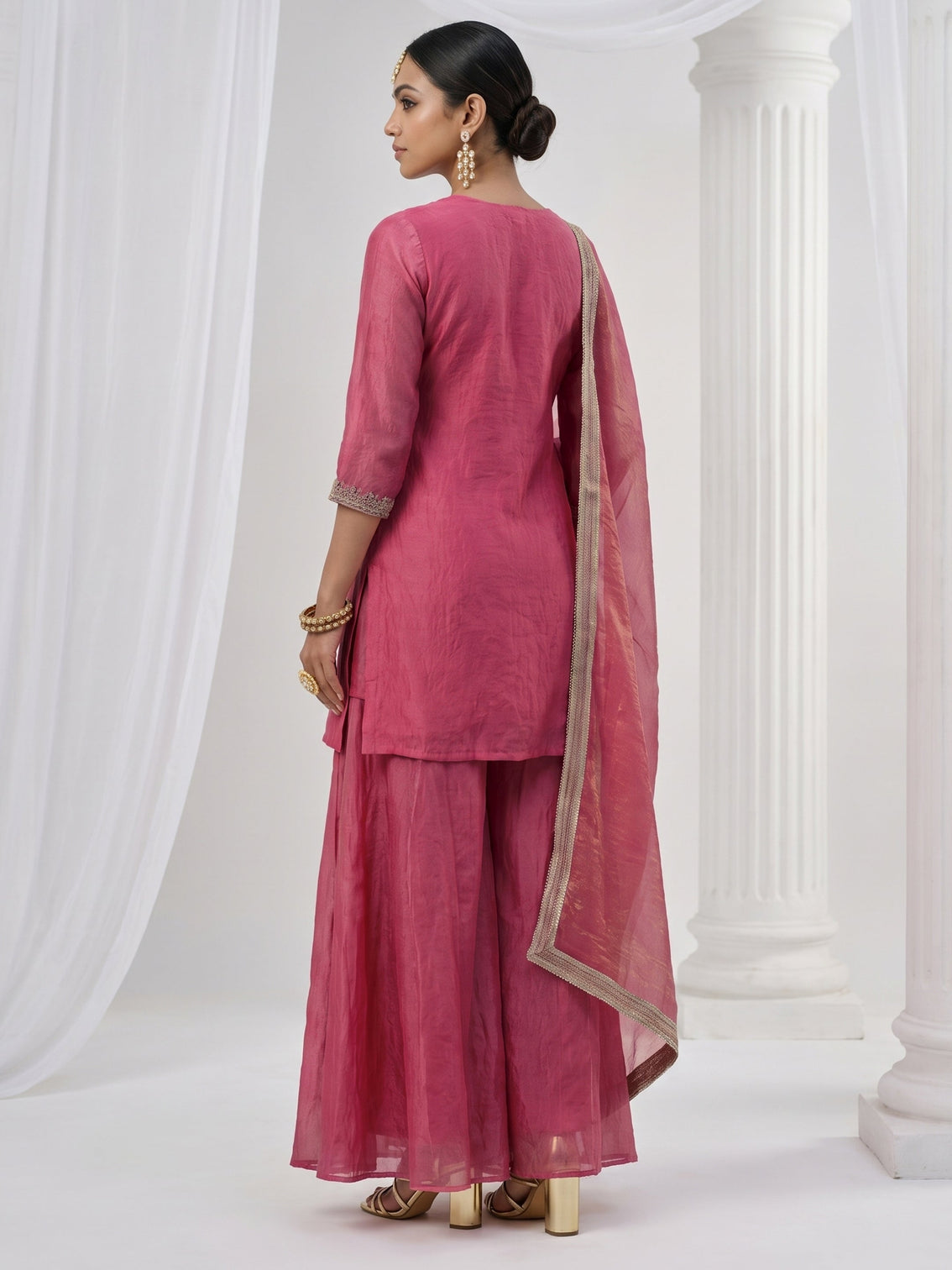 Mameraa Rose Pink Floral Embellished Tissue Palazzo Suit Set