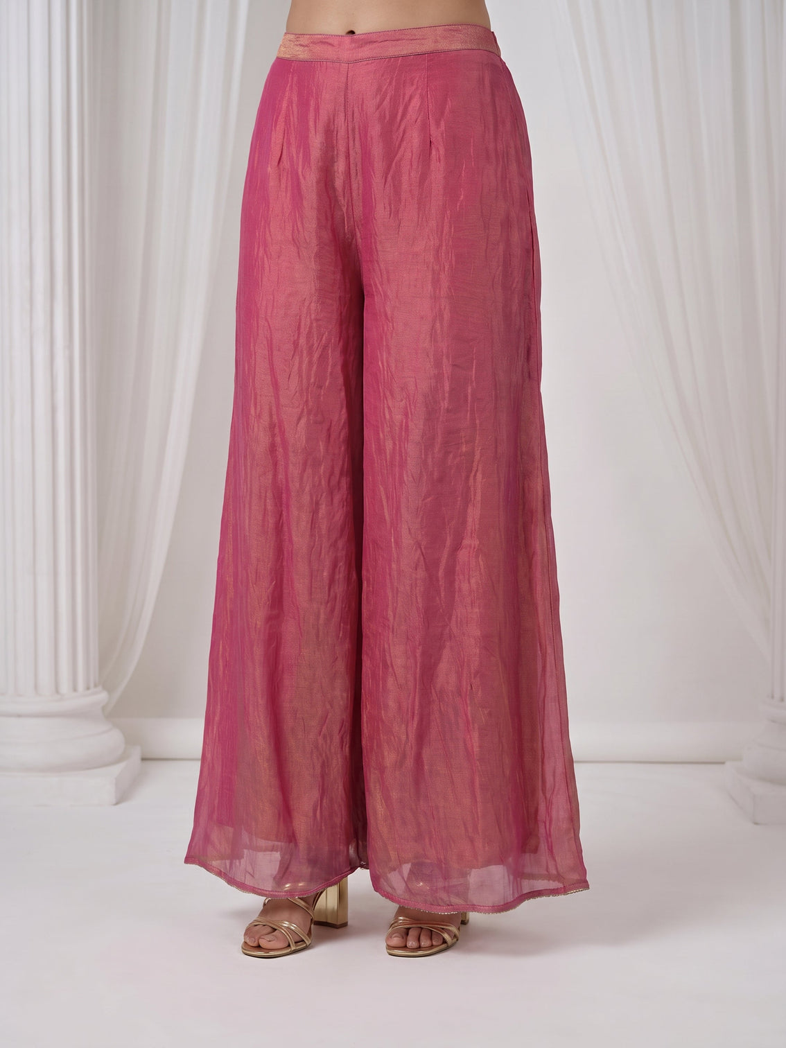 Mameraa Rose Pink Floral Embellished Tissue Palazzo Suit Set