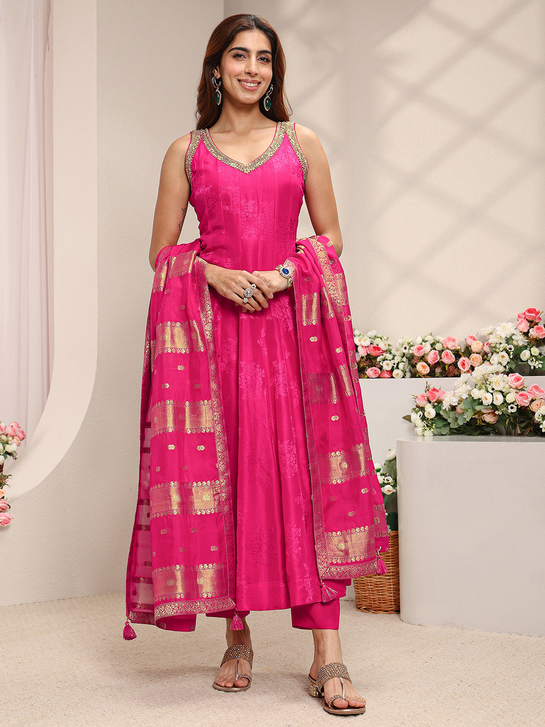 Mameraa Art Pink Woven Design Silk Blend A-Line Suit Set With Dupatta