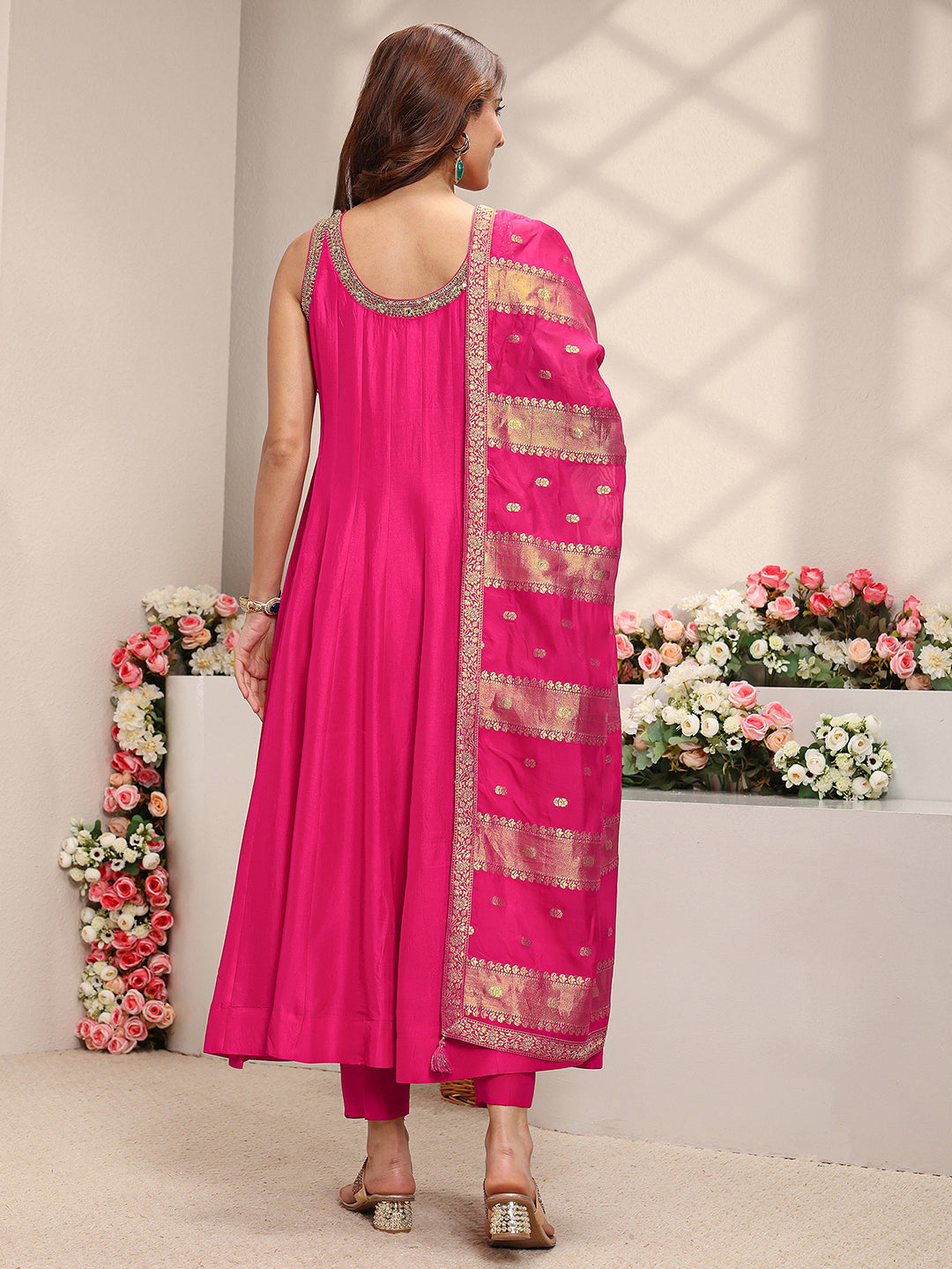 Mameraa Art Pink Woven Design Silk Blend A-Line Suit Set With Dupatta