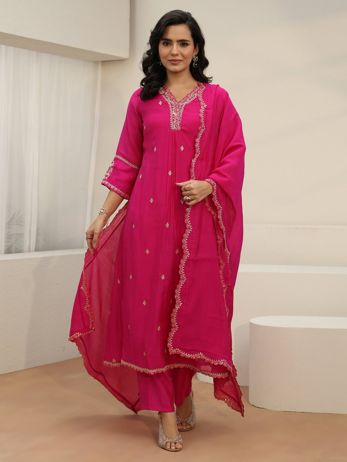 Mameraa Rani Pink Embroidered Chanderi Cotton A-Line Suit Set