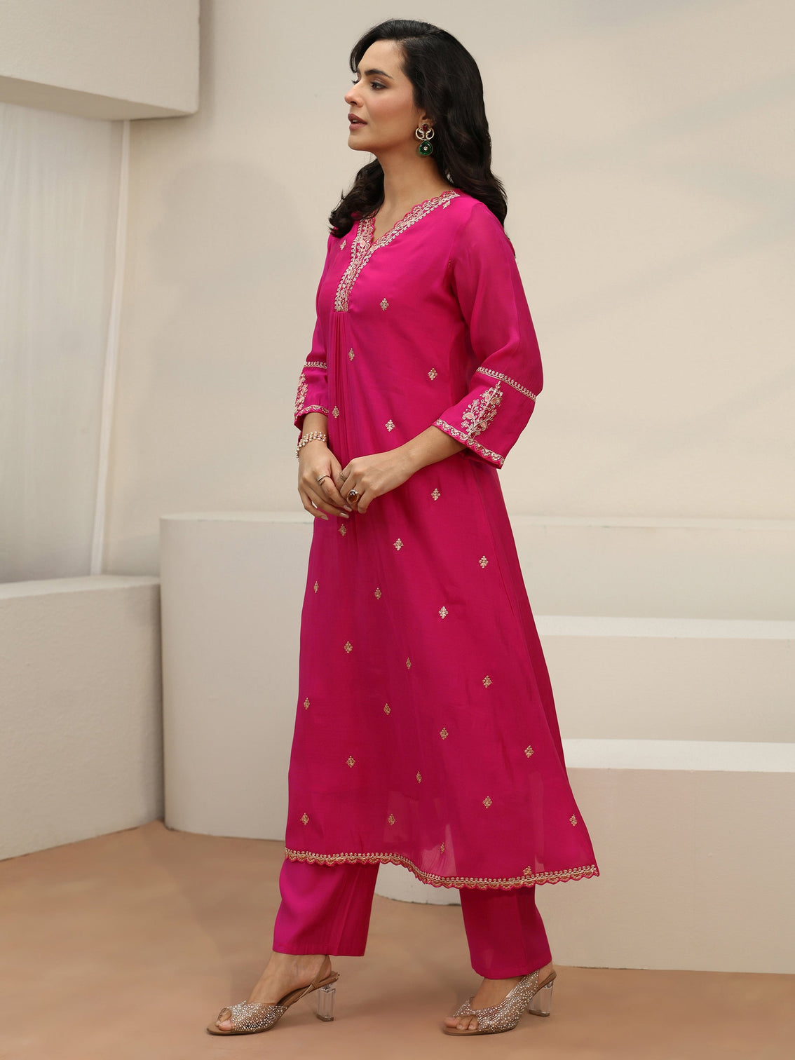 Mameraa Rani Pink Embroidered Chanderi Cotton A-Line Suit Set