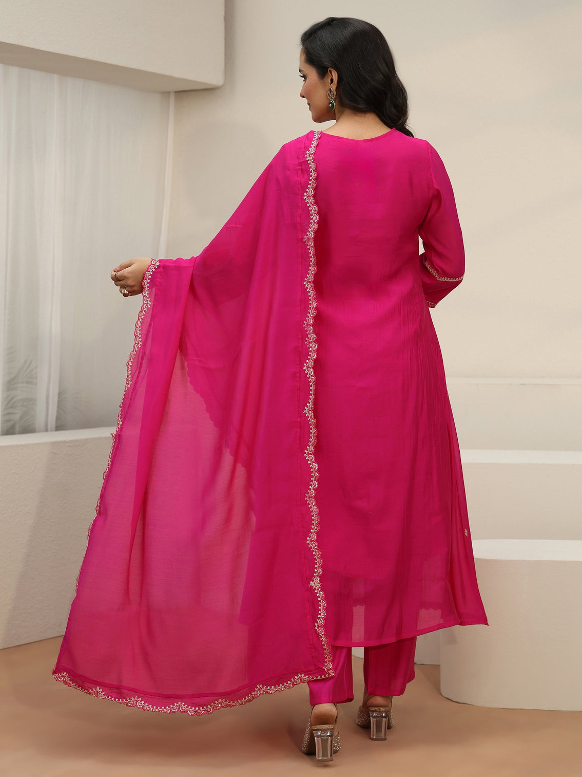 Mameraa Rani Pink Embroidered Chanderi Cotton A-Line Suit Set