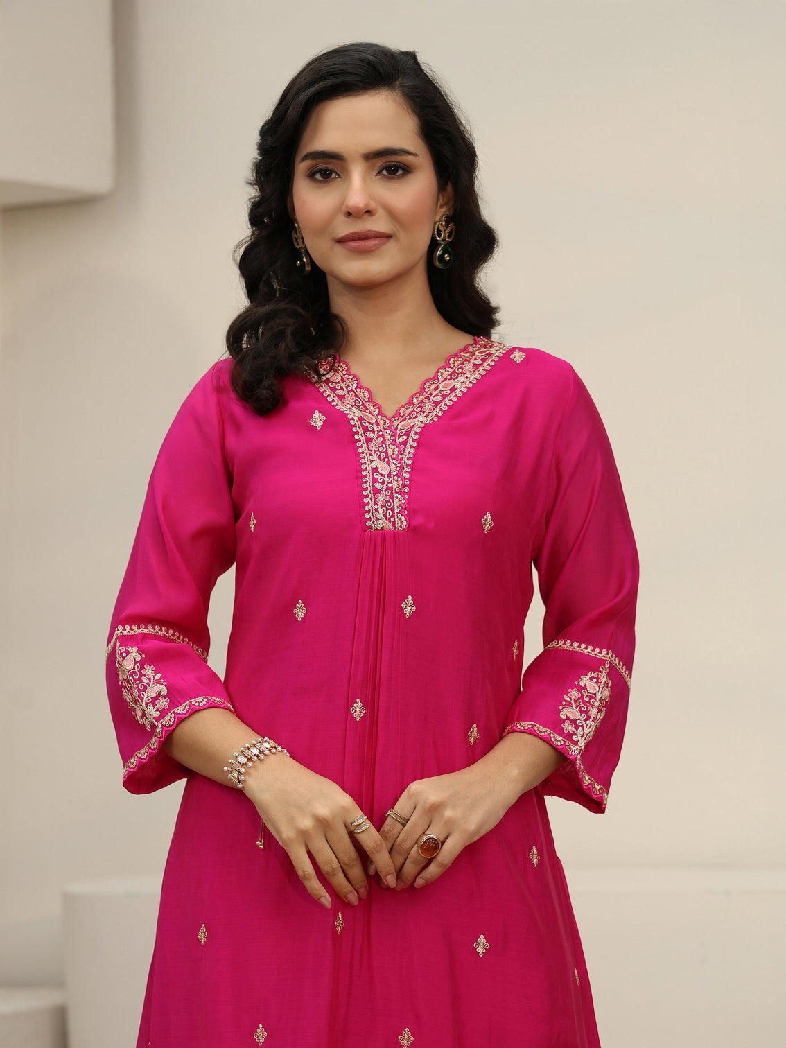Mameraa Rani Pink Embroidered Chanderi Cotton A-Line Suit Set