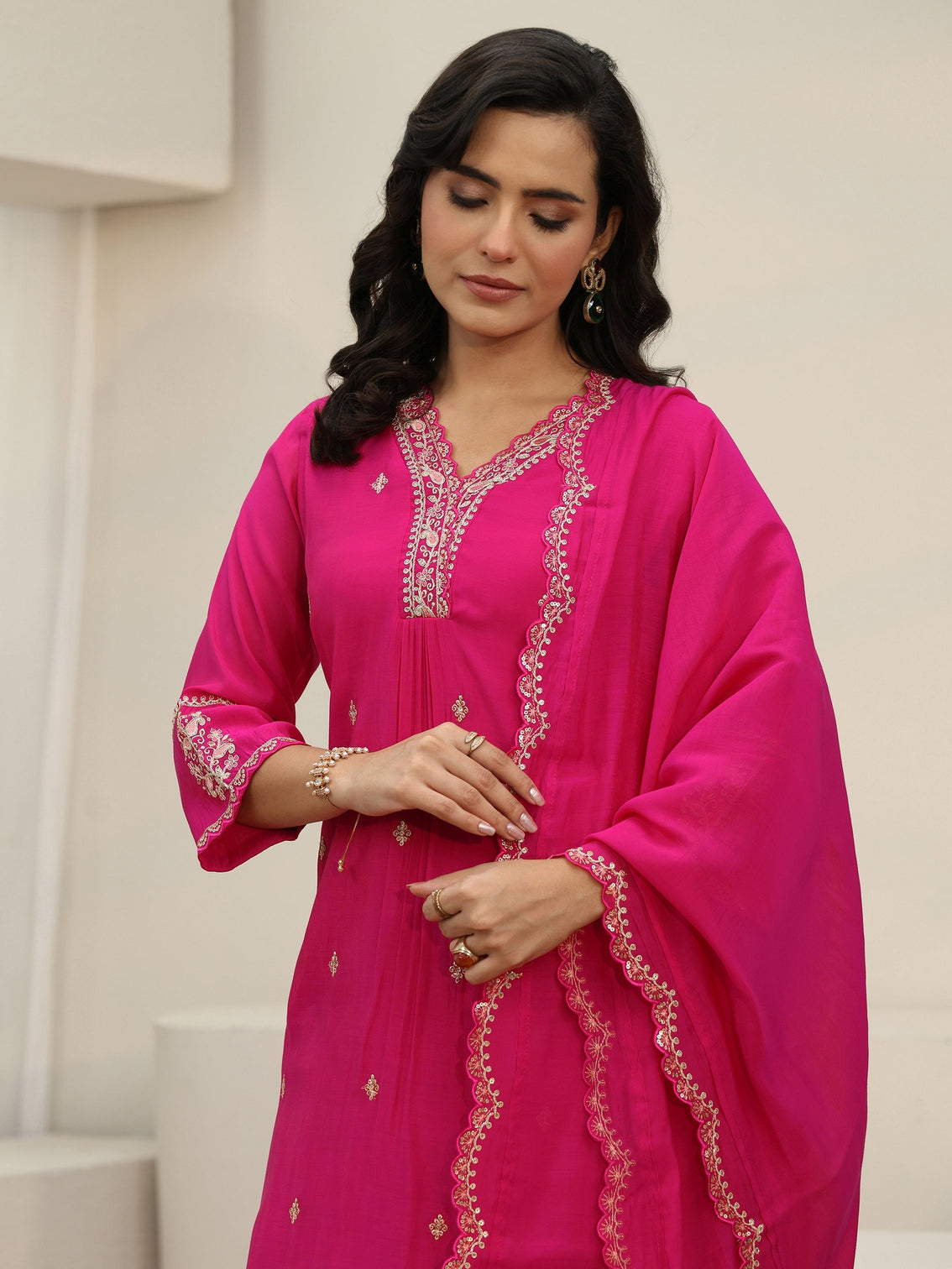 Mameraa Rani Pink Embroidered Chanderi Cotton A-Line Suit Set