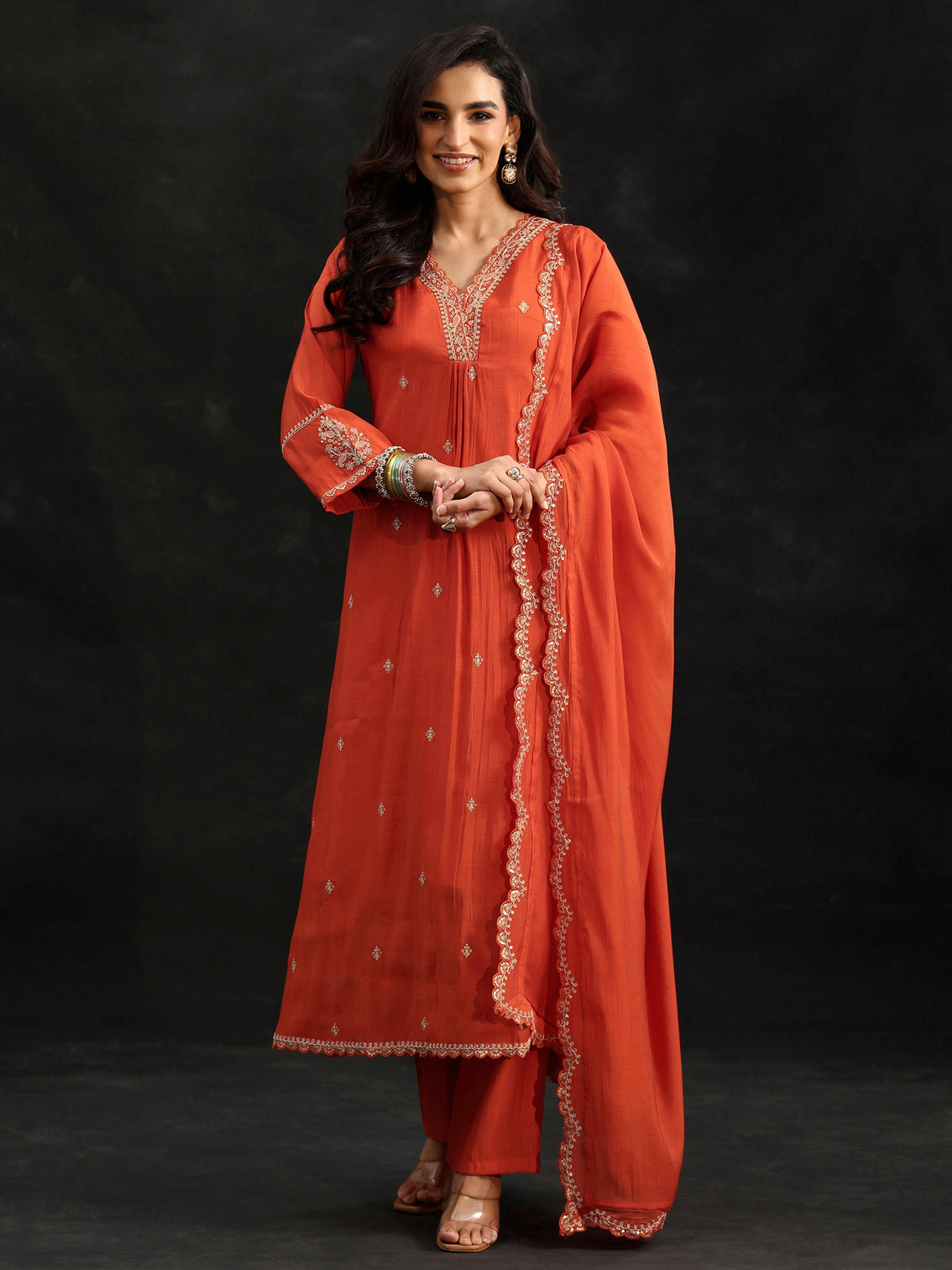 Mameraa Orange Embroidered Chanderi Cotton A-Line Suit Set
