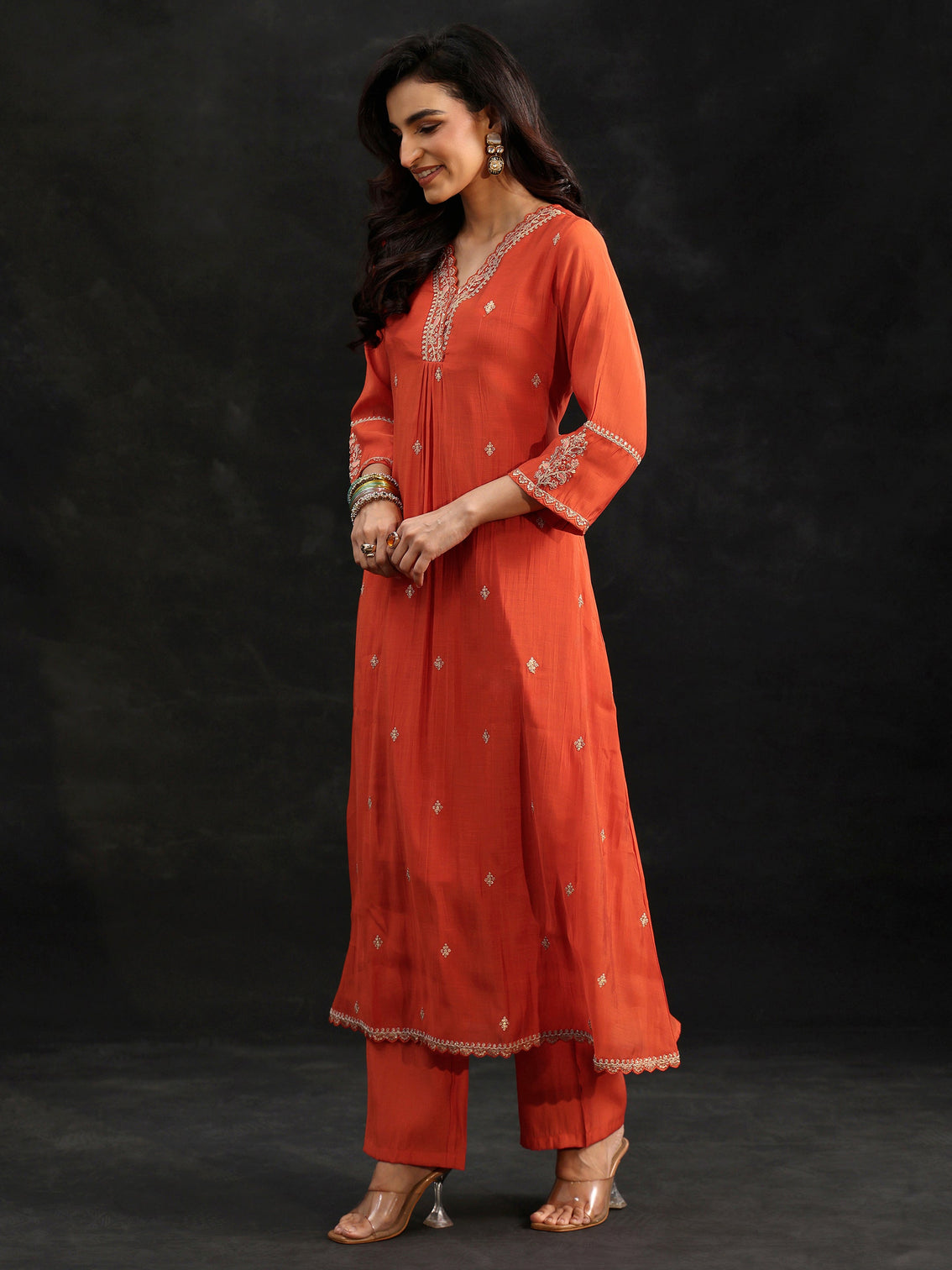 Mameraa Orange Embroidered Chanderi Cotton A-Line Suit Set
