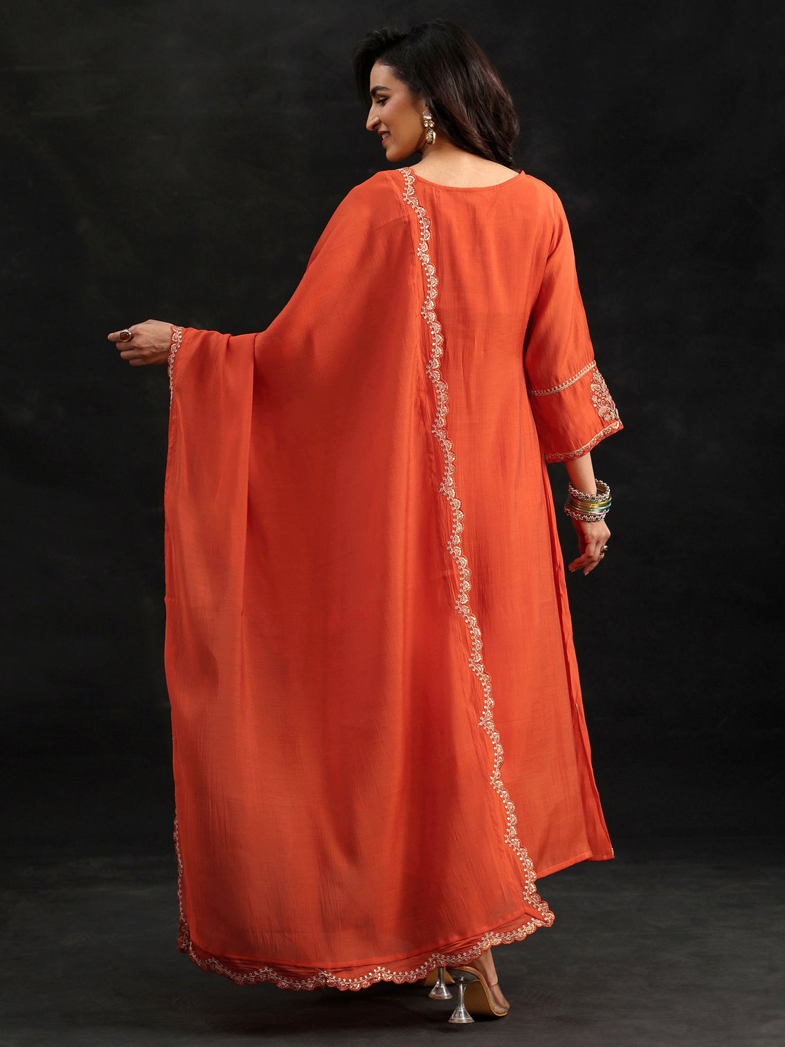 Mameraa Orange Embroidered Chanderi Cotton A-Line Suit Set