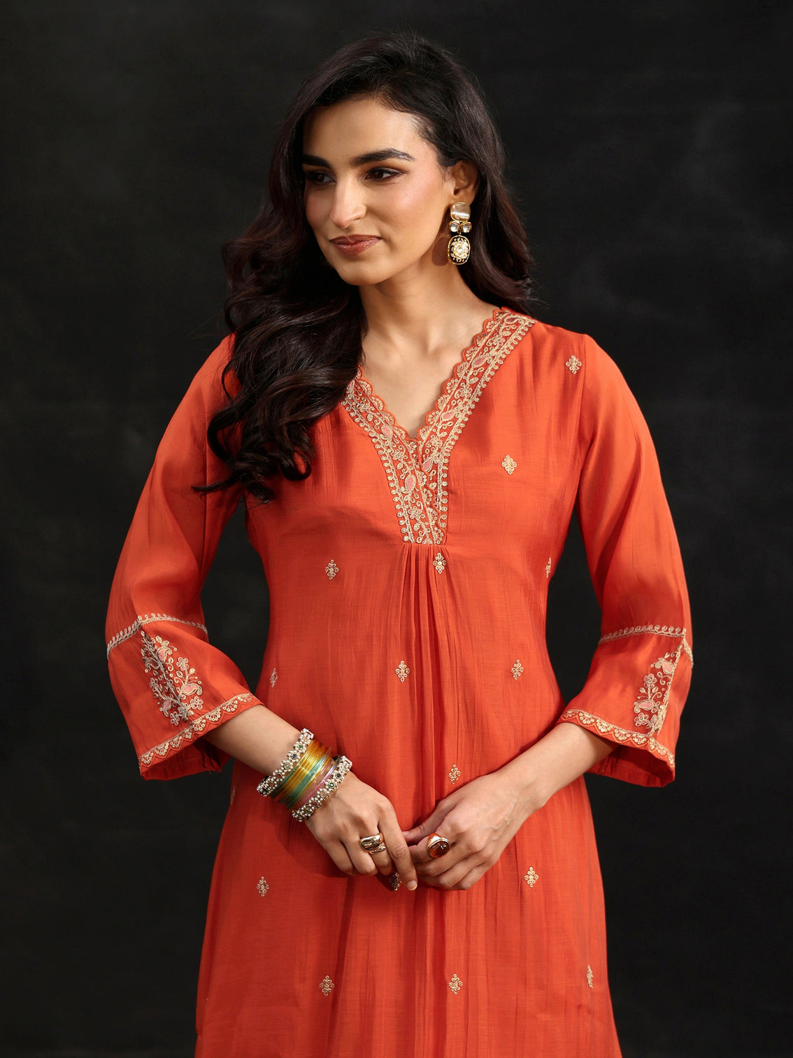 Mameraa Orange Embroidered Chanderi Cotton A-Line Suit Set