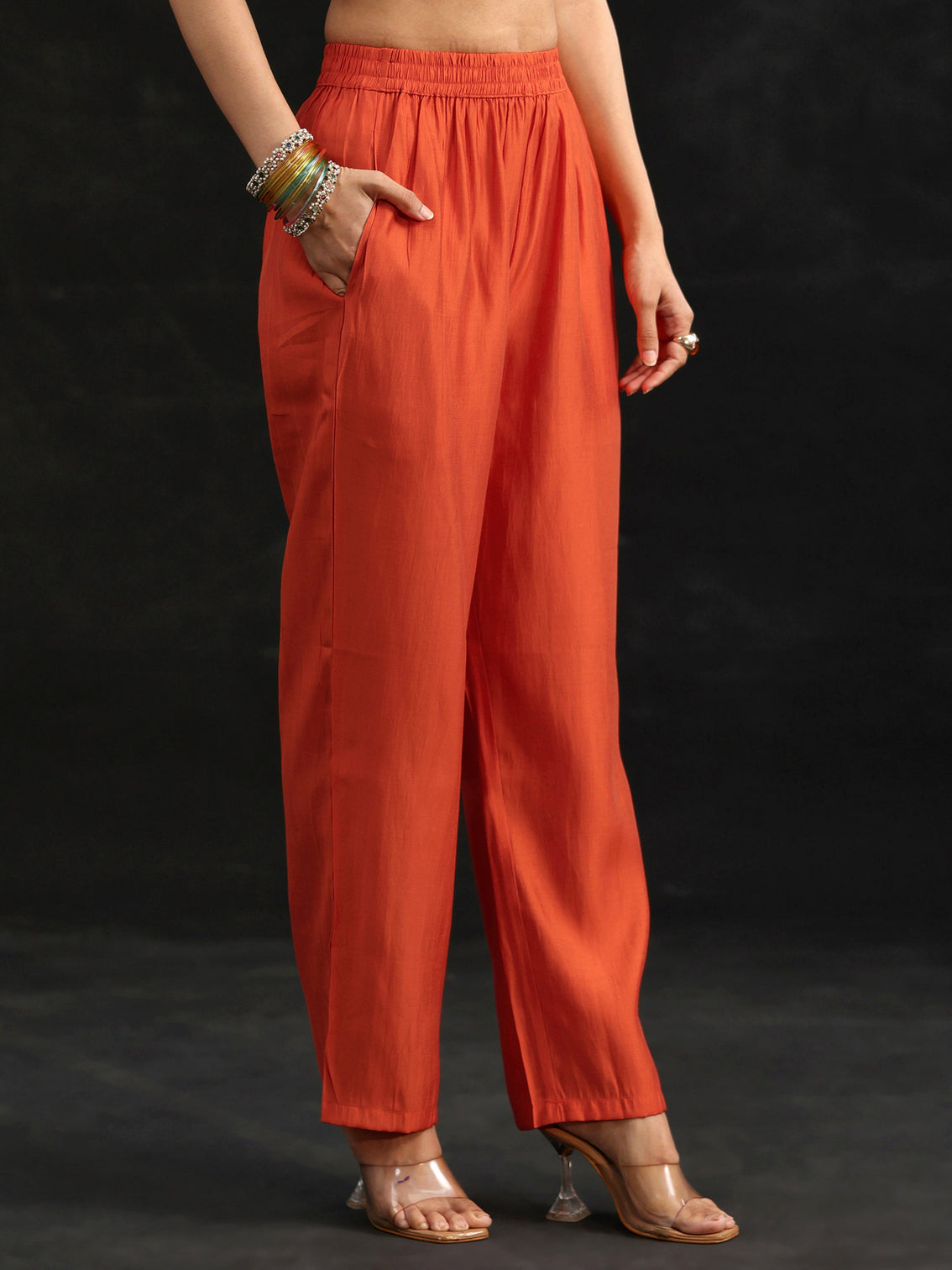 Mameraa Orange Embroidered Chanderi Cotton A-Line Suit Set