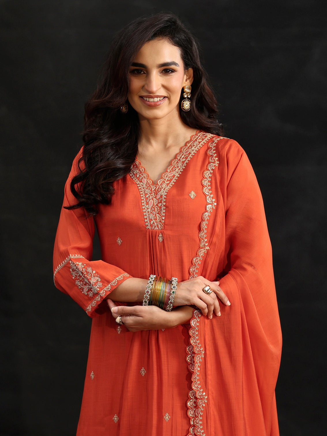 Mameraa Orange Embroidered Chanderi Cotton A-Line Suit Set