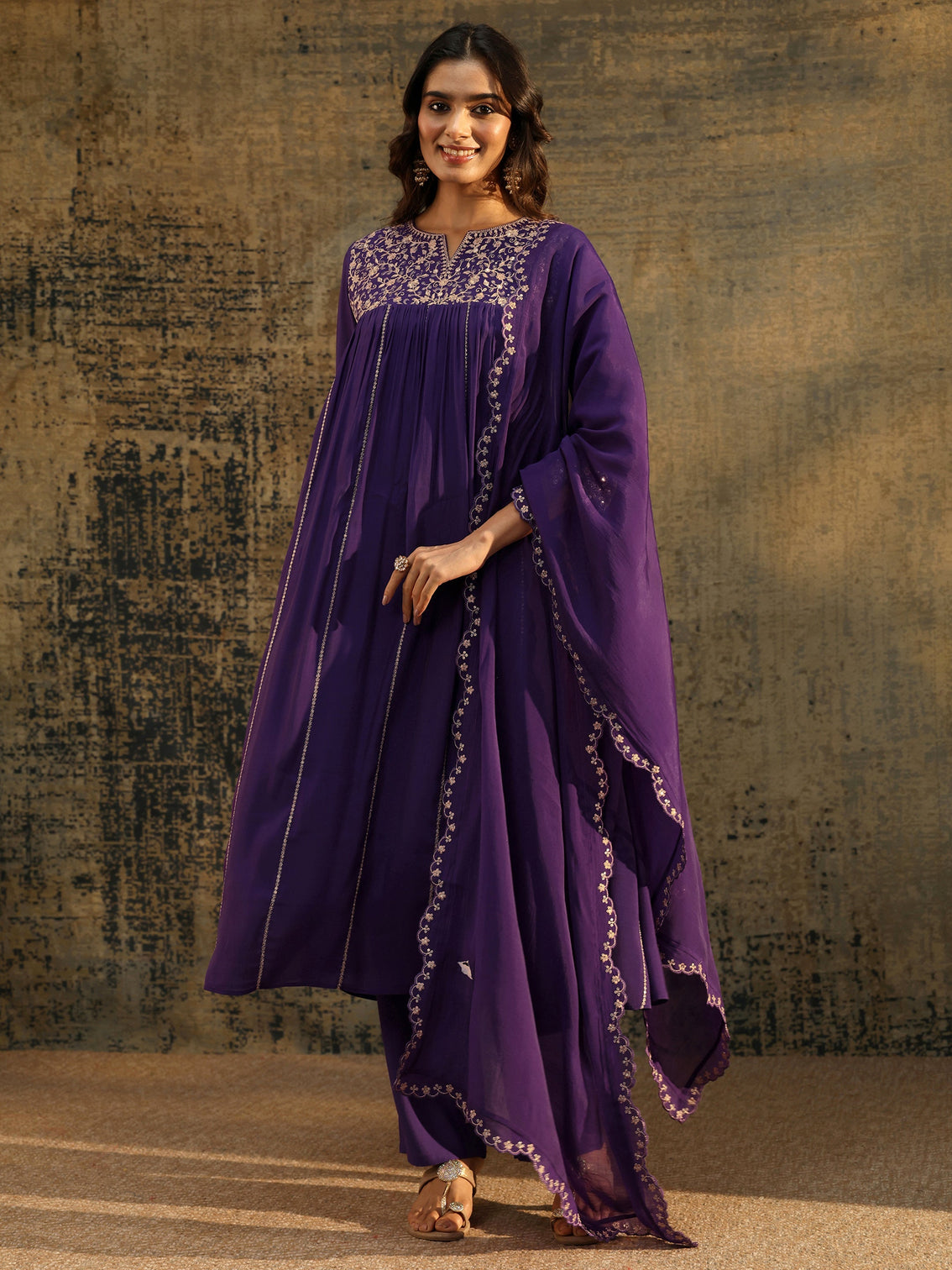 Mameraa Purple Floral Embroidered Chanderi Cotton Empire Anarkali Suit Set