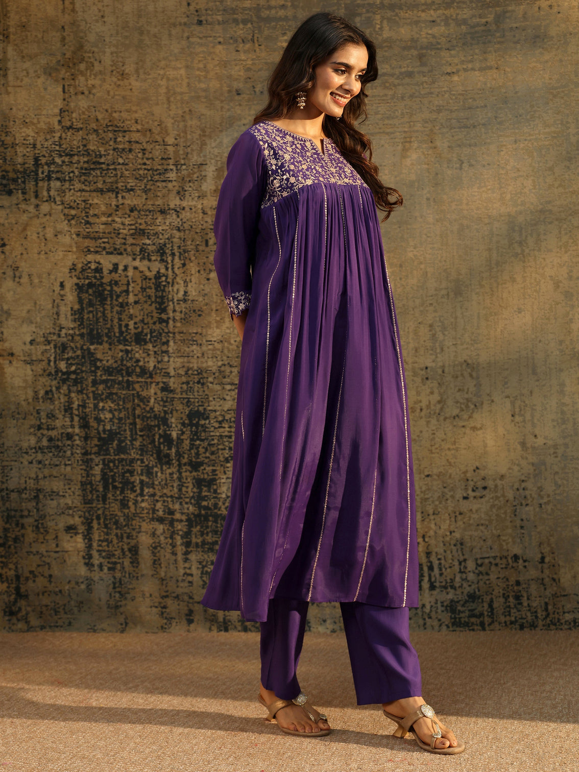 Mameraa Purple Floral Embroidered Chanderi Cotton Empire Anarkali Suit Set