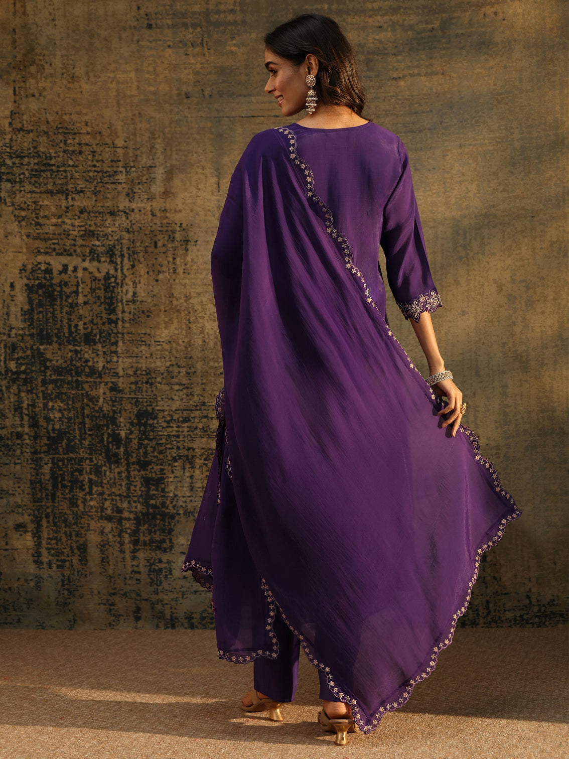 Mameraa Purple Floral Embroidered Chanderi Cotton Empire Anarkali Suit Set