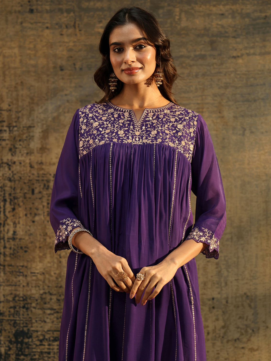 Mameraa Purple Floral Embroidered Chanderi Cotton Empire Anarkali Suit Set