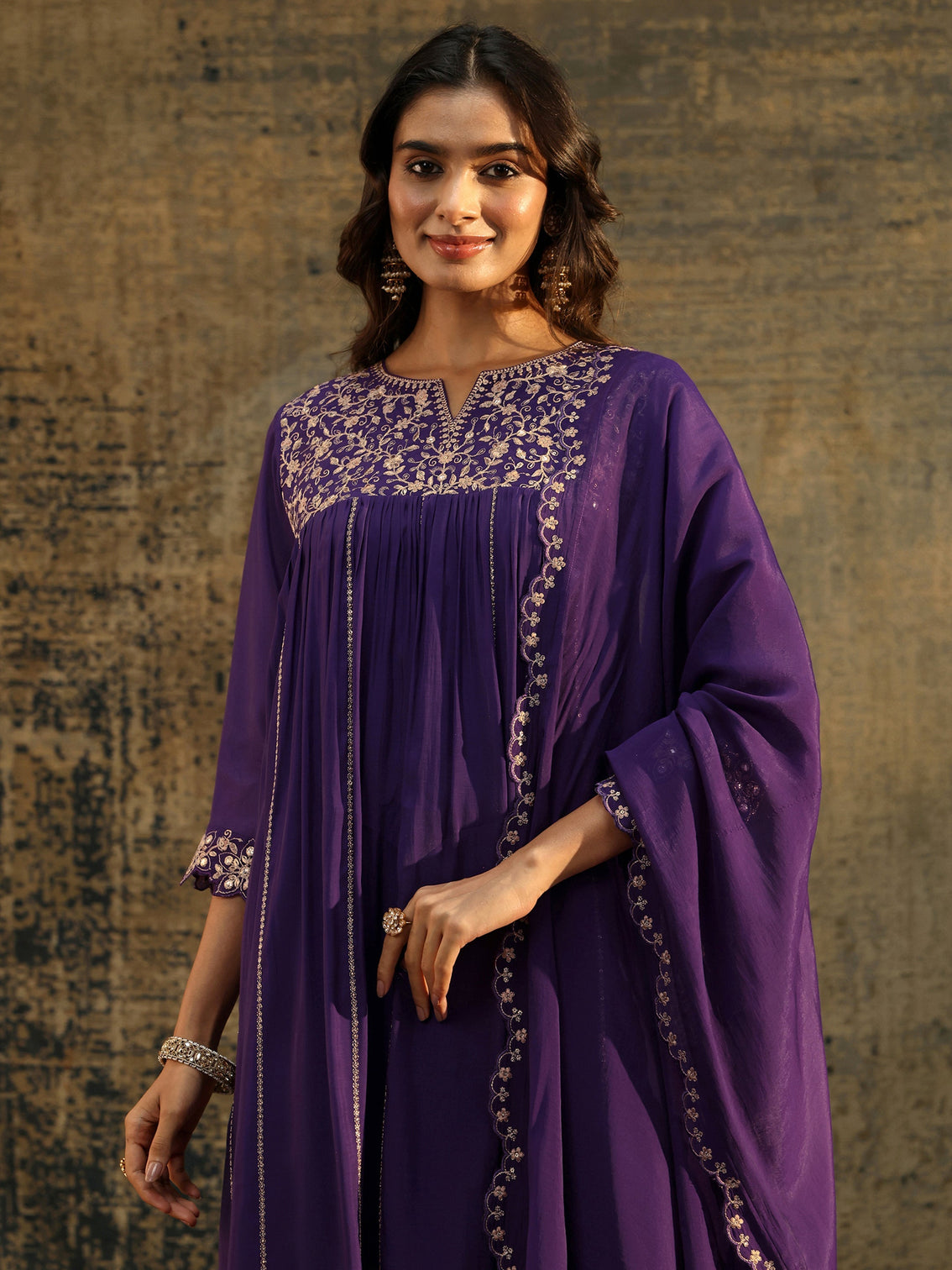 Mameraa Purple Floral Embroidered Chanderi Cotton Empire Anarkali Suit Set