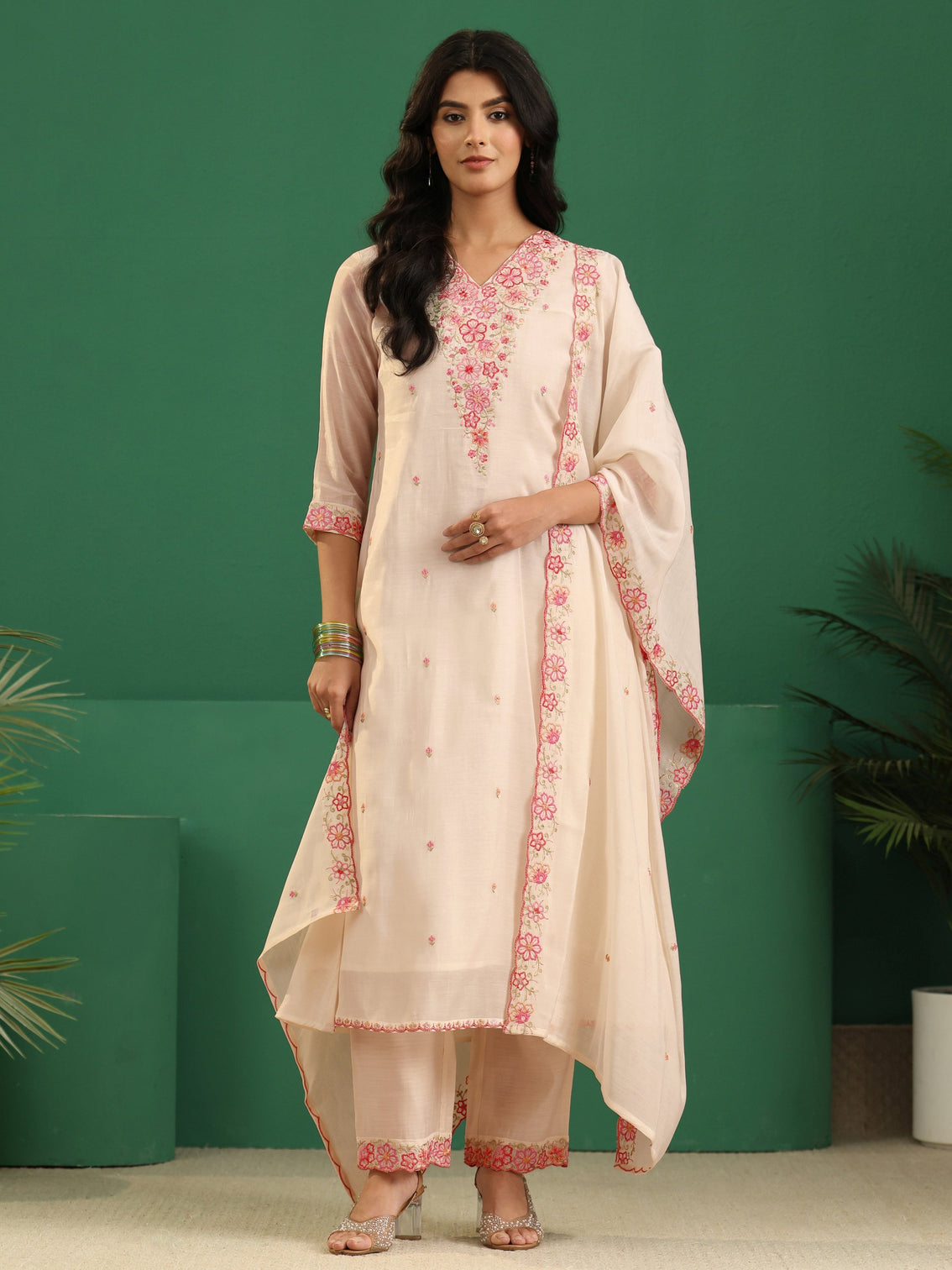 Mameraa Cream Floral Embroidered Chanderi Cotton A-Line Suit Set