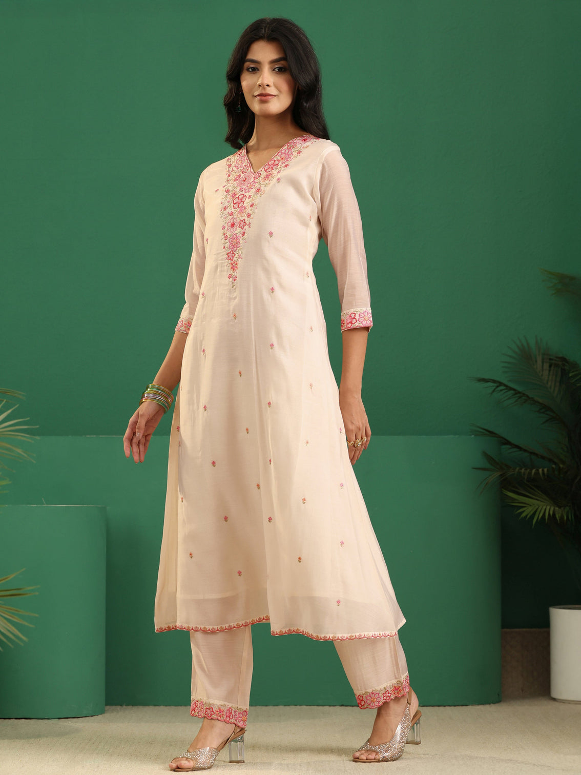 Mameraa Cream Floral Embroidered Chanderi Cotton A-Line Suit Set