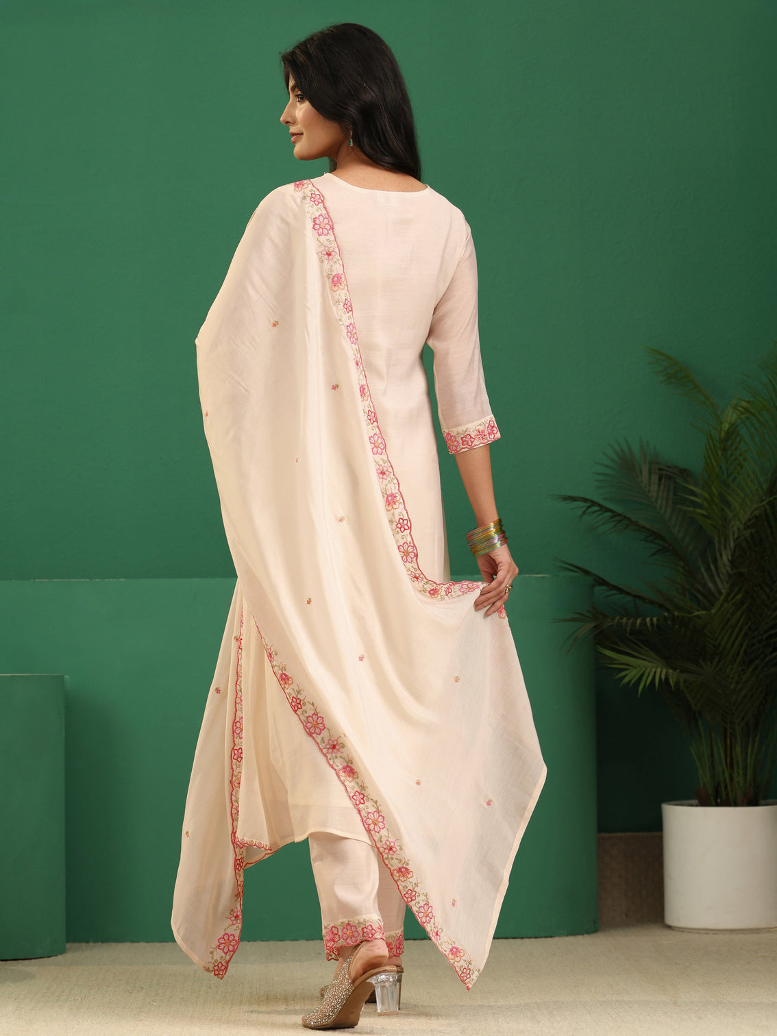 Mameraa Cream Floral Embroidered Chanderi Cotton A-Line Suit Set