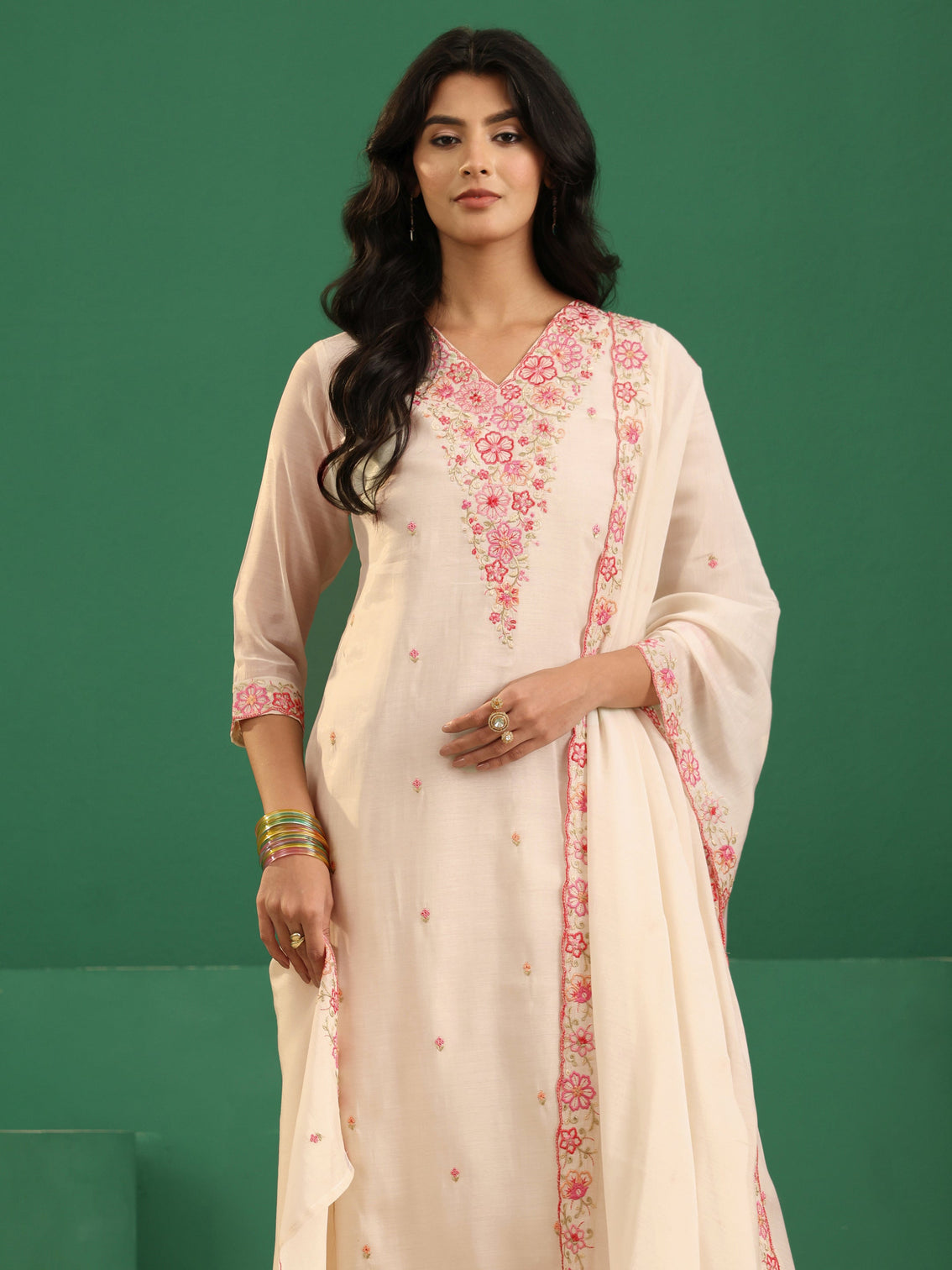 Mameraa Cream Floral Embroidered Chanderi Cotton A-Line Suit Set