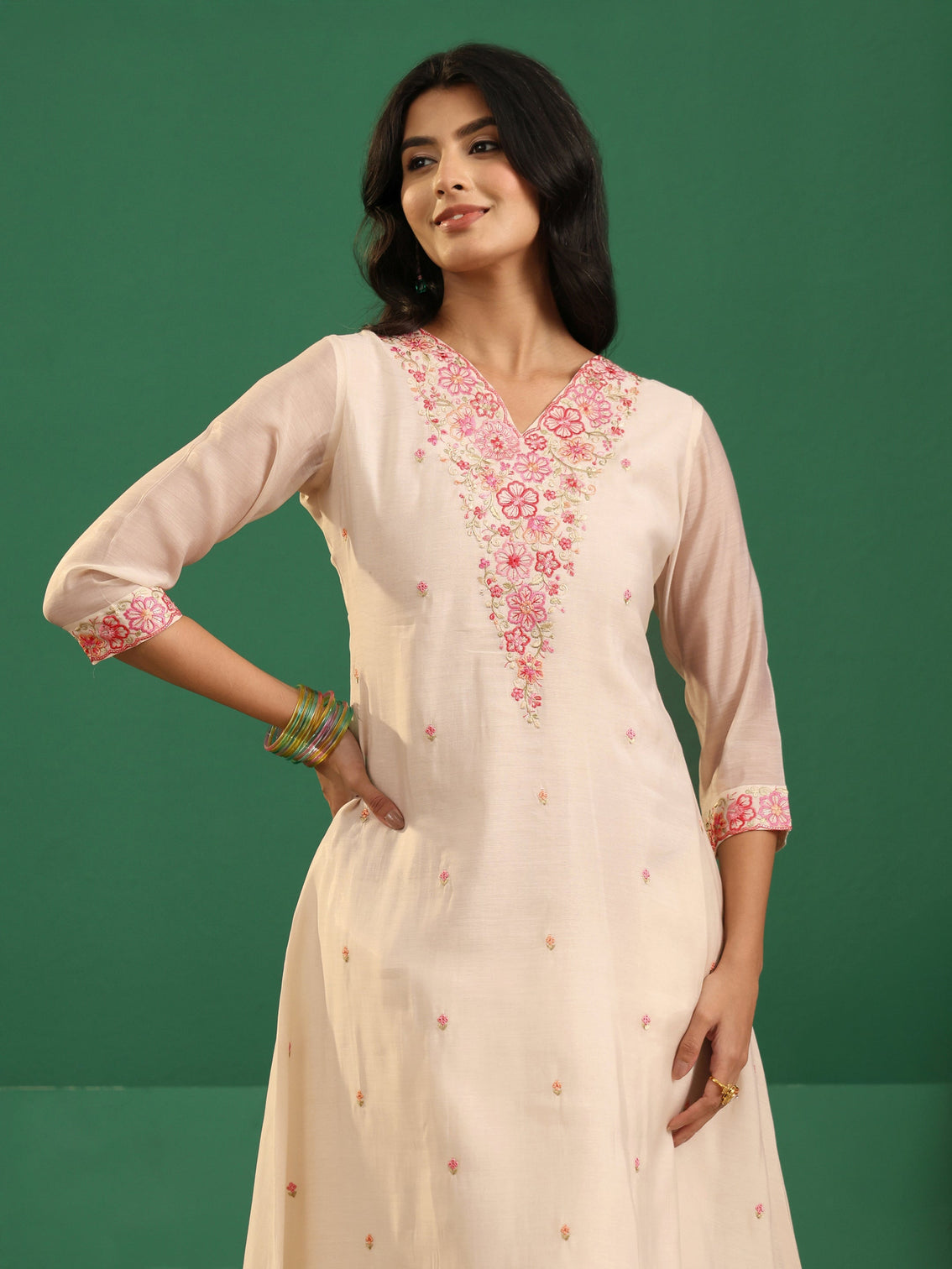 Mameraa Cream Floral Embroidered Chanderi Cotton A-Line Suit Set