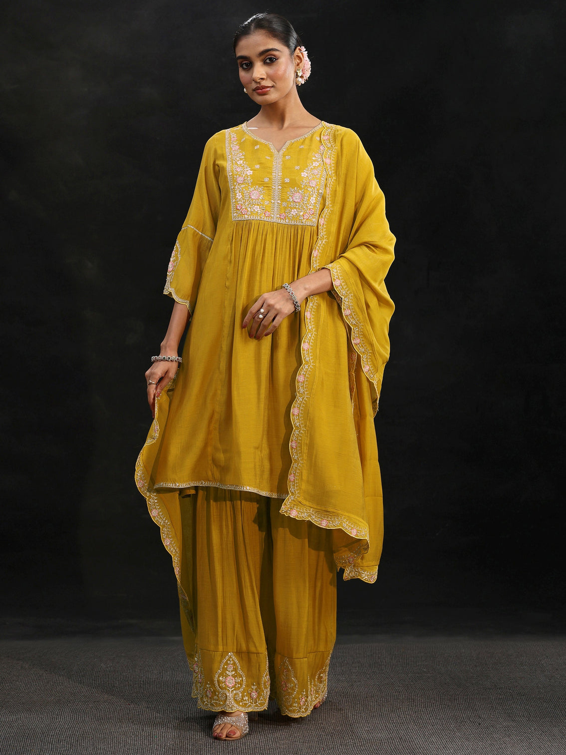 Mameraa Mustard Floral Yoke Chanderi Cotton Sharara Suit Set