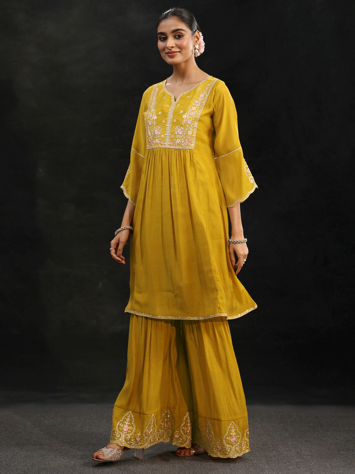 Mameraa Mustard Floral Yoke Chanderi Cotton Sharara Suit Set