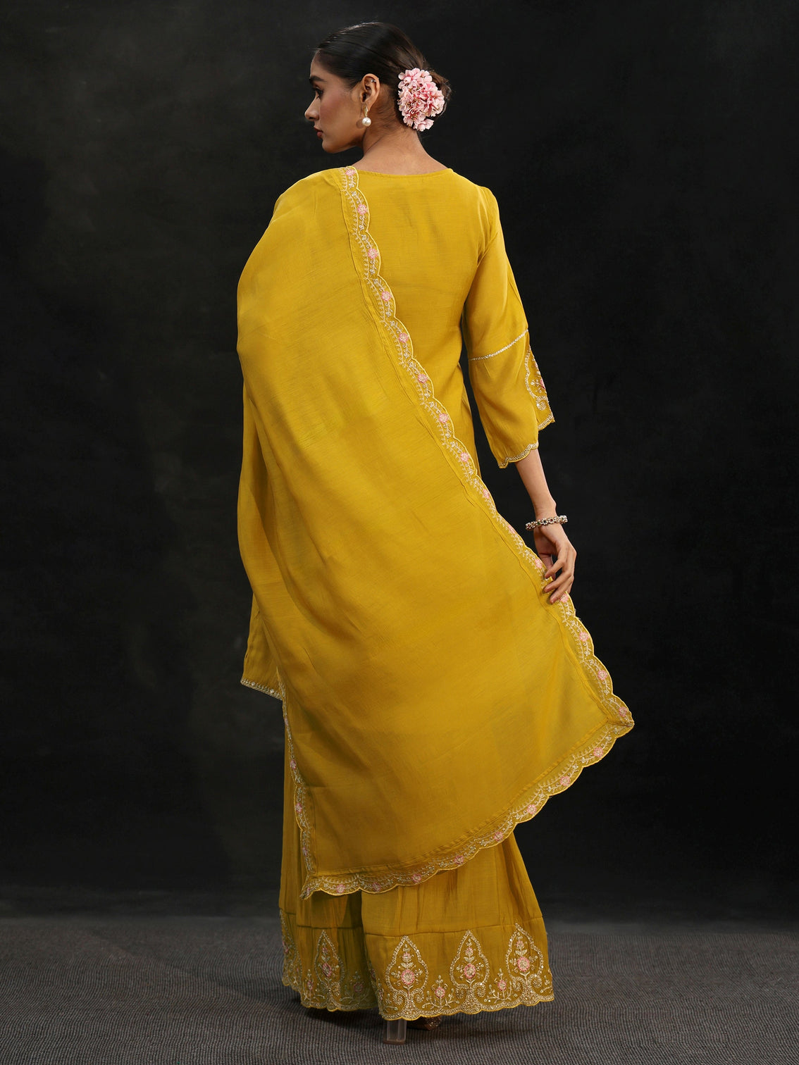 Mameraa Mustard Floral Yoke Chanderi Cotton Sharara Suit Set