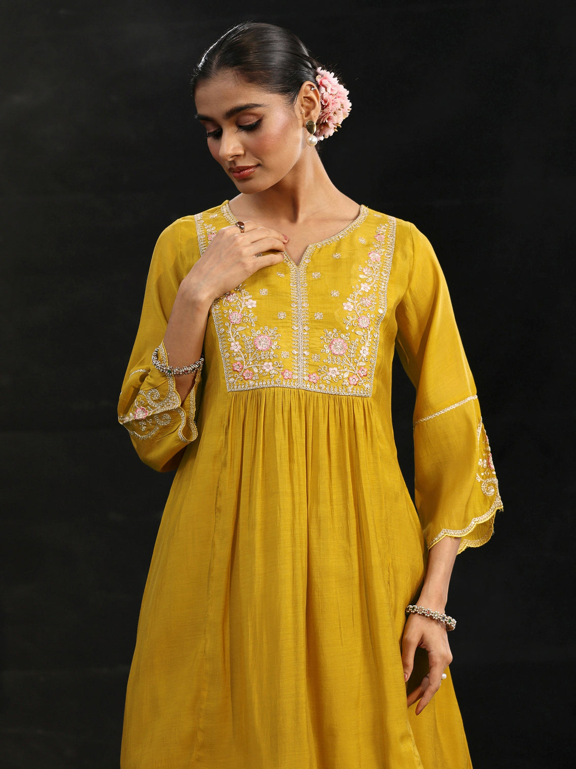 Mameraa Mustard Floral Yoke Chanderi Cotton Sharara Suit Set