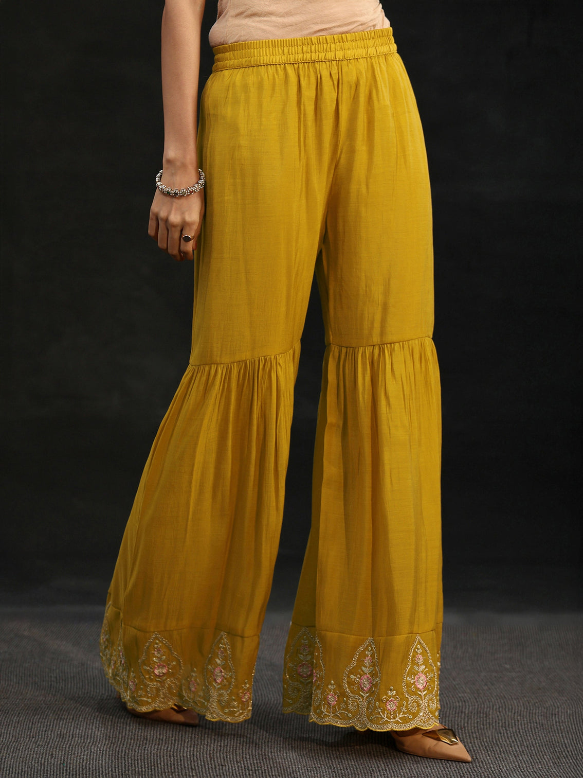 Mameraa Mustard Floral Yoke Chanderi Cotton Sharara Suit Set