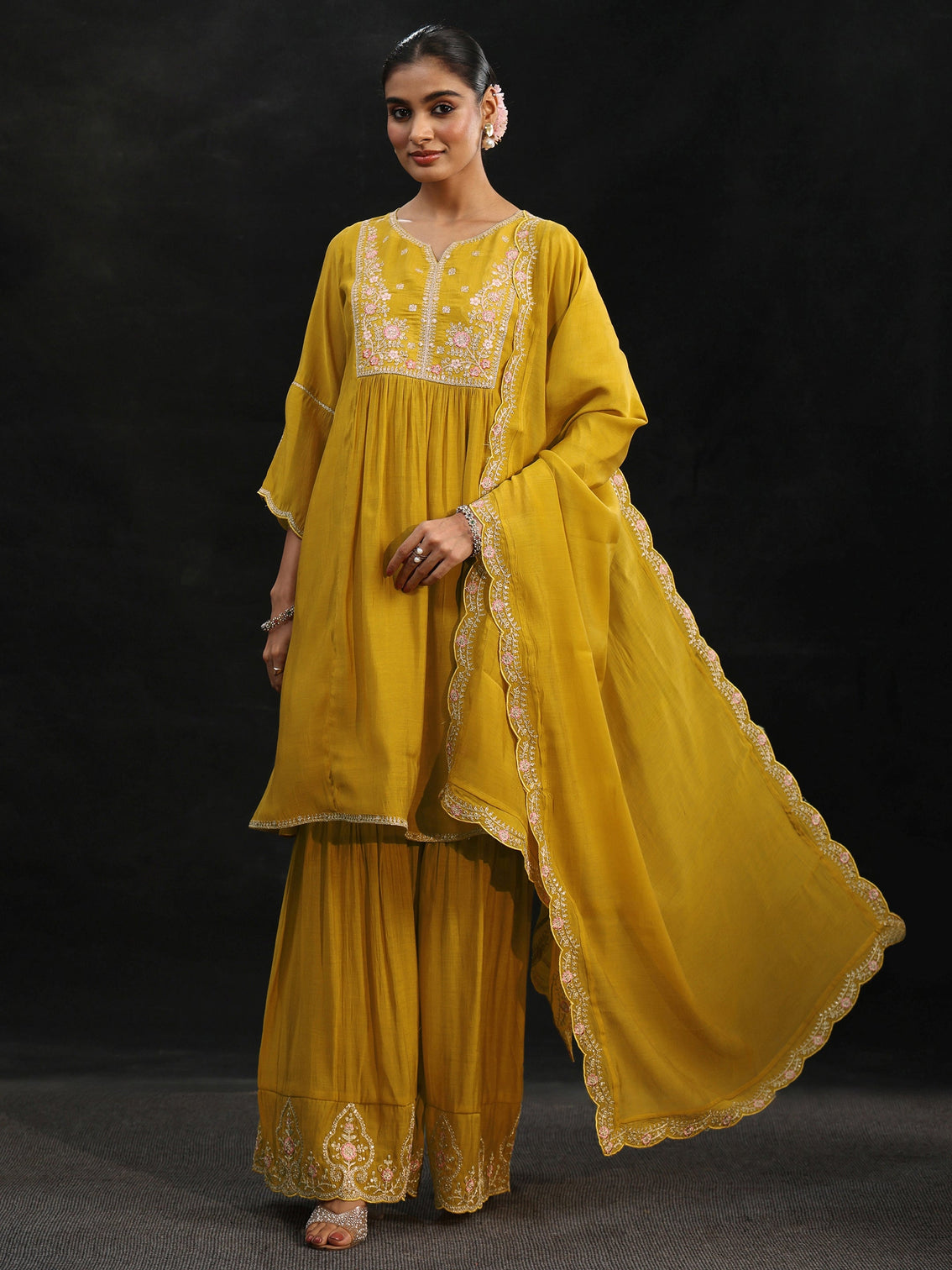Mameraa Mustard Floral Yoke Chanderi Cotton Sharara Suit Set