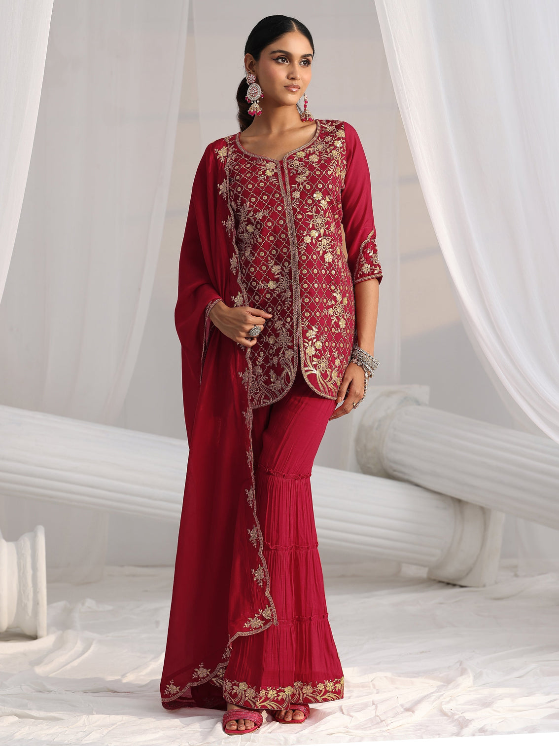Mameraa Rani Pink Floral Embroidered Chanderi Cotton Sharara Suit Set