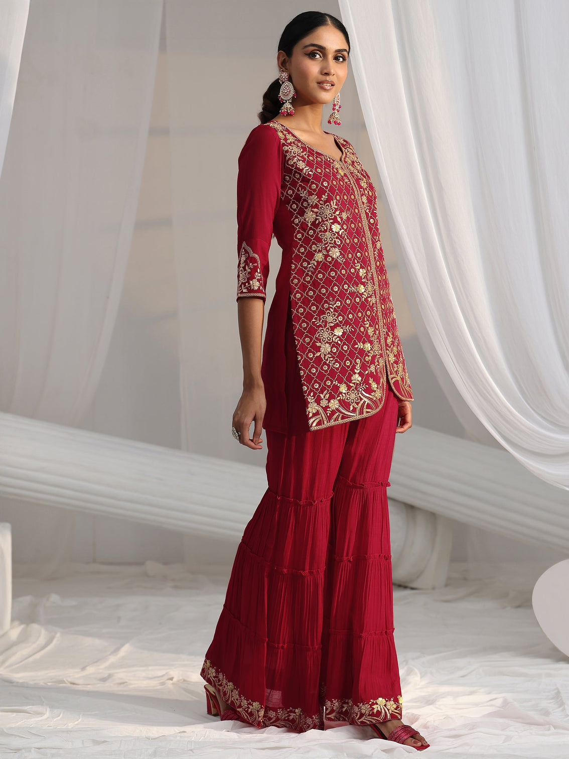 Mameraa Rani Pink Floral Embroidered Chanderi Cotton Sharara Suit Set