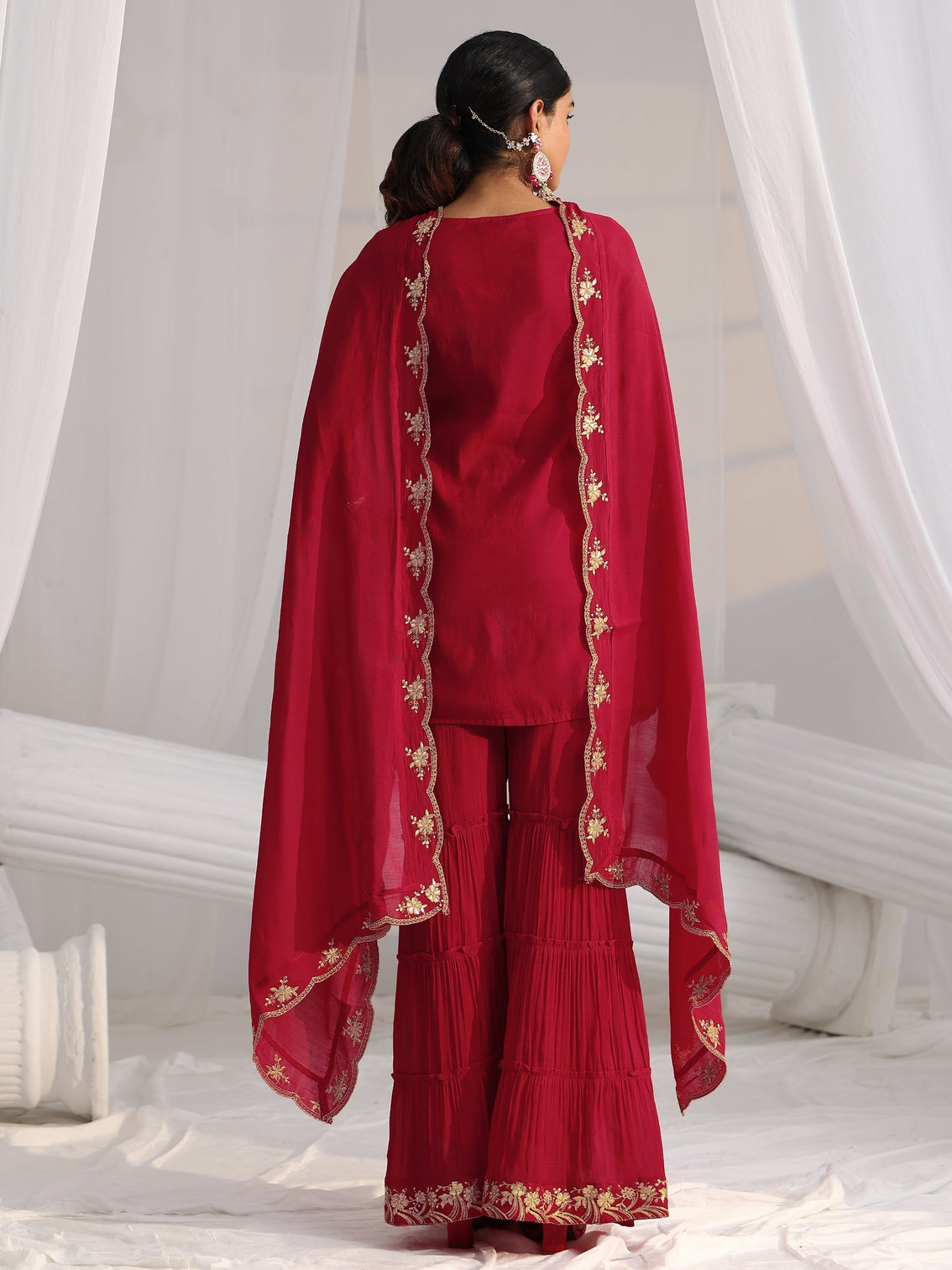 Mameraa Rani Pink Floral Embroidered Chanderi Cotton Sharara Suit Set