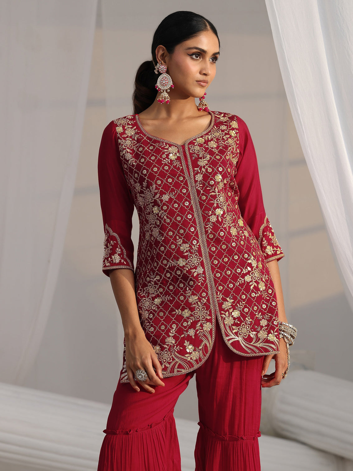 Mameraa Rani Pink Floral Embroidered Chanderi Cotton Sharara Suit Set