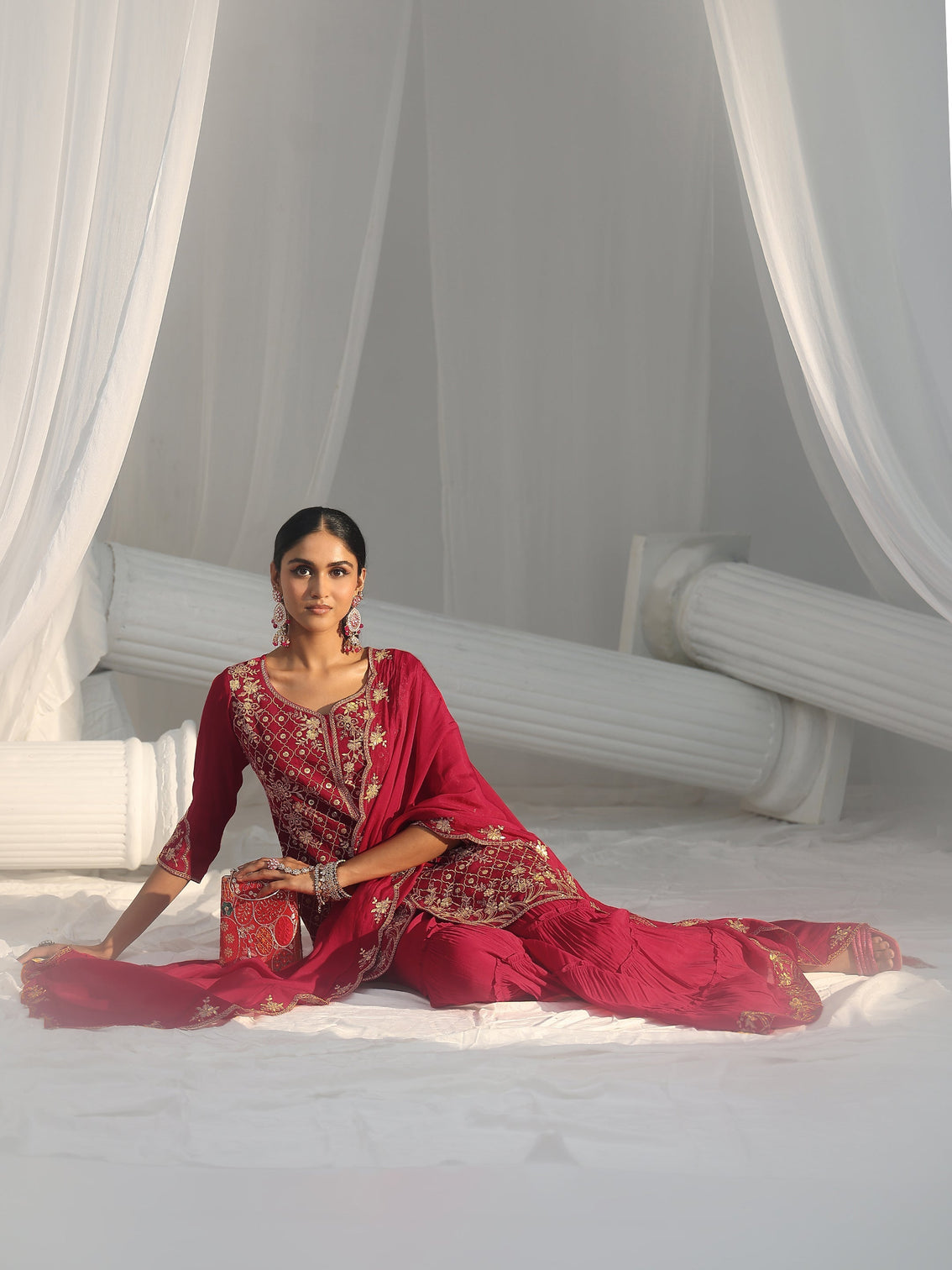 Mameraa Rani Pink Floral Embroidered Chanderi Cotton Sharara Suit Set