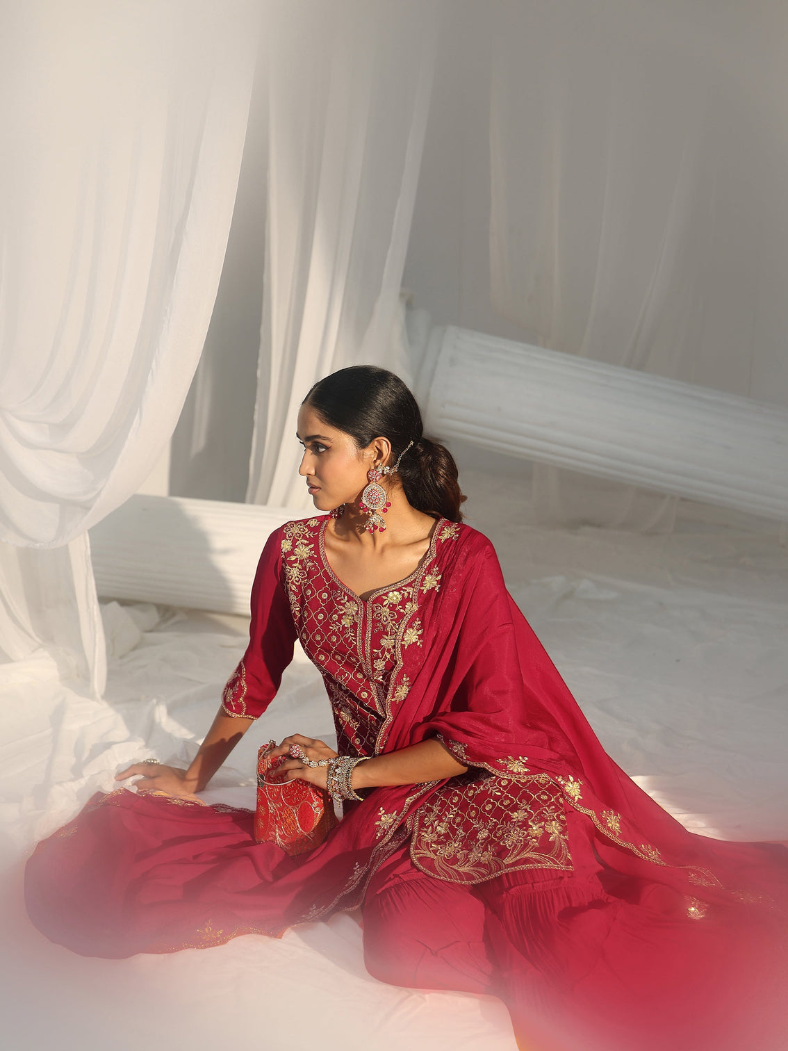Mameraa Rani Pink Floral Embroidered Chanderi Cotton Sharara Suit Set