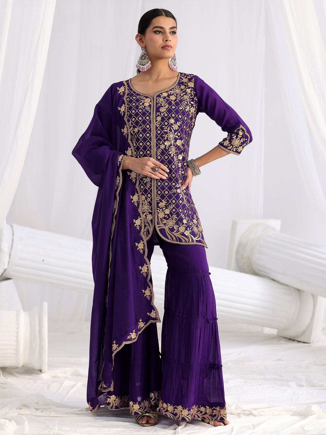 Mameraa Royal Purple Floral Embroidered Chanderi Cotton Sharara Suit Set