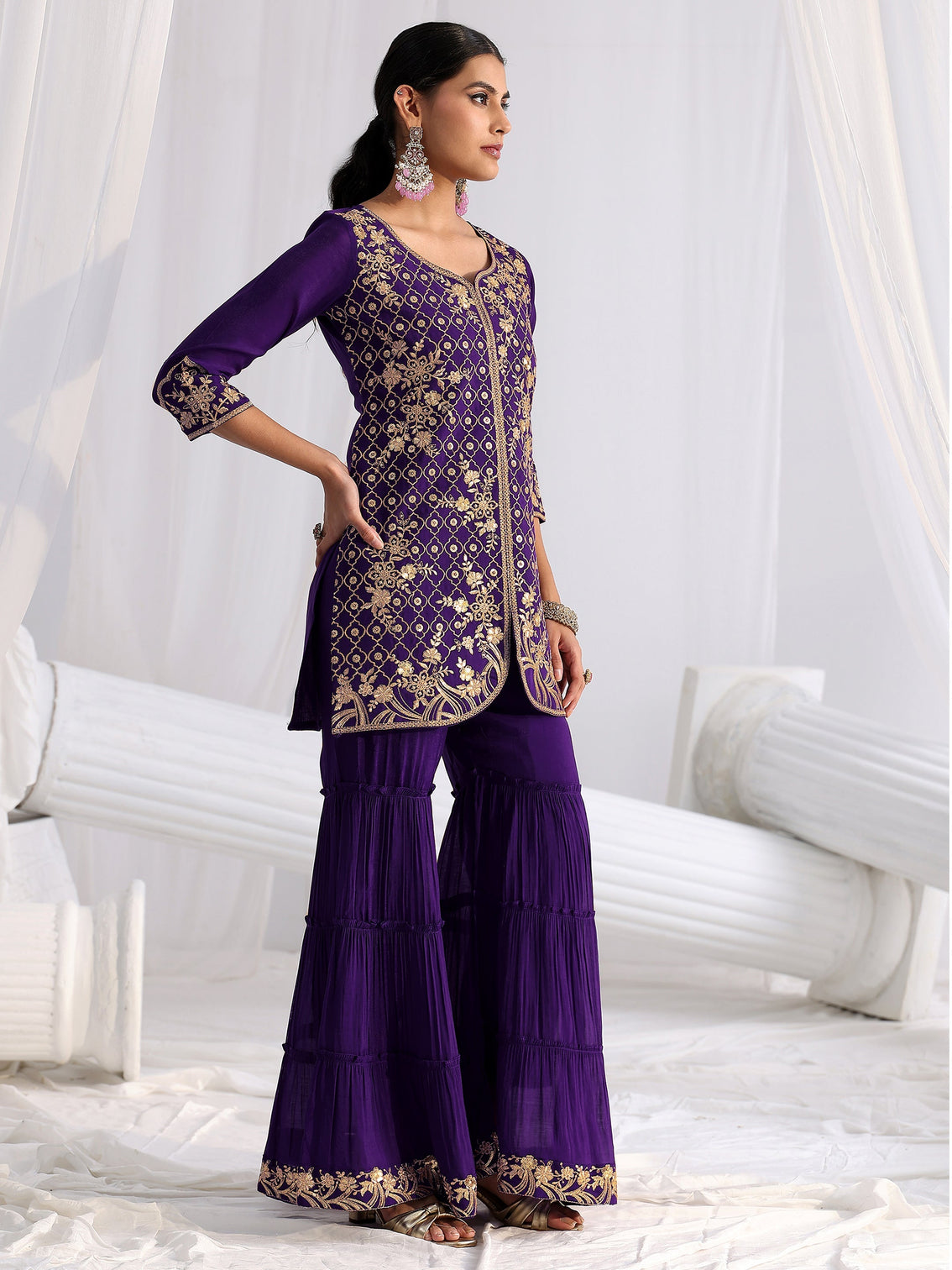 Mameraa Royal Purple Floral Embroidered Chanderi Cotton Sharara Suit Set