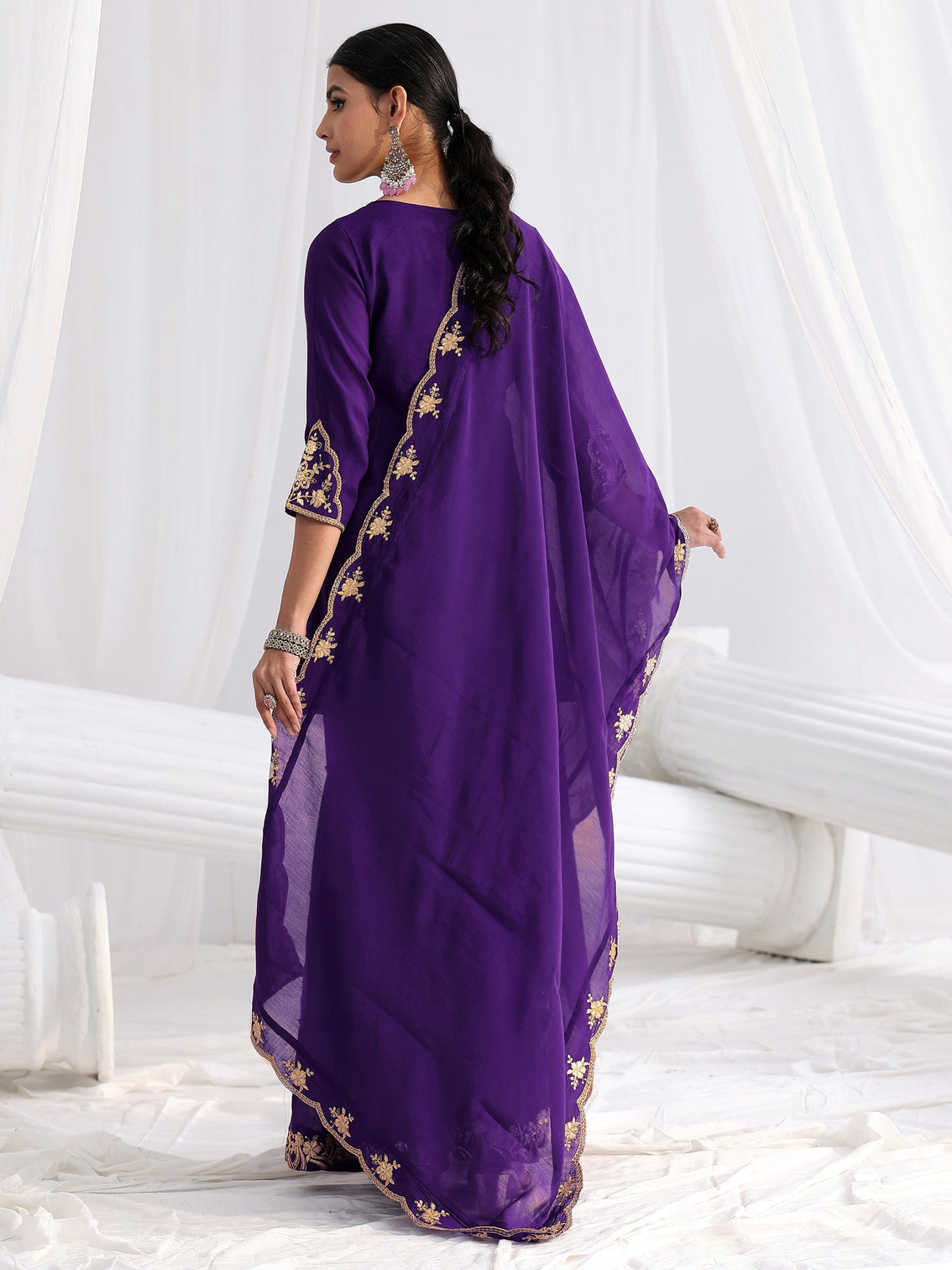 Mameraa Royal Purple Floral Embroidered Chanderi Cotton Sharara Suit Set