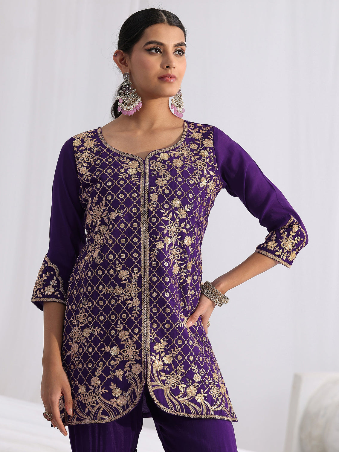 Mameraa Royal Purple Floral Embroidered Chanderi Cotton Sharara Suit Set
