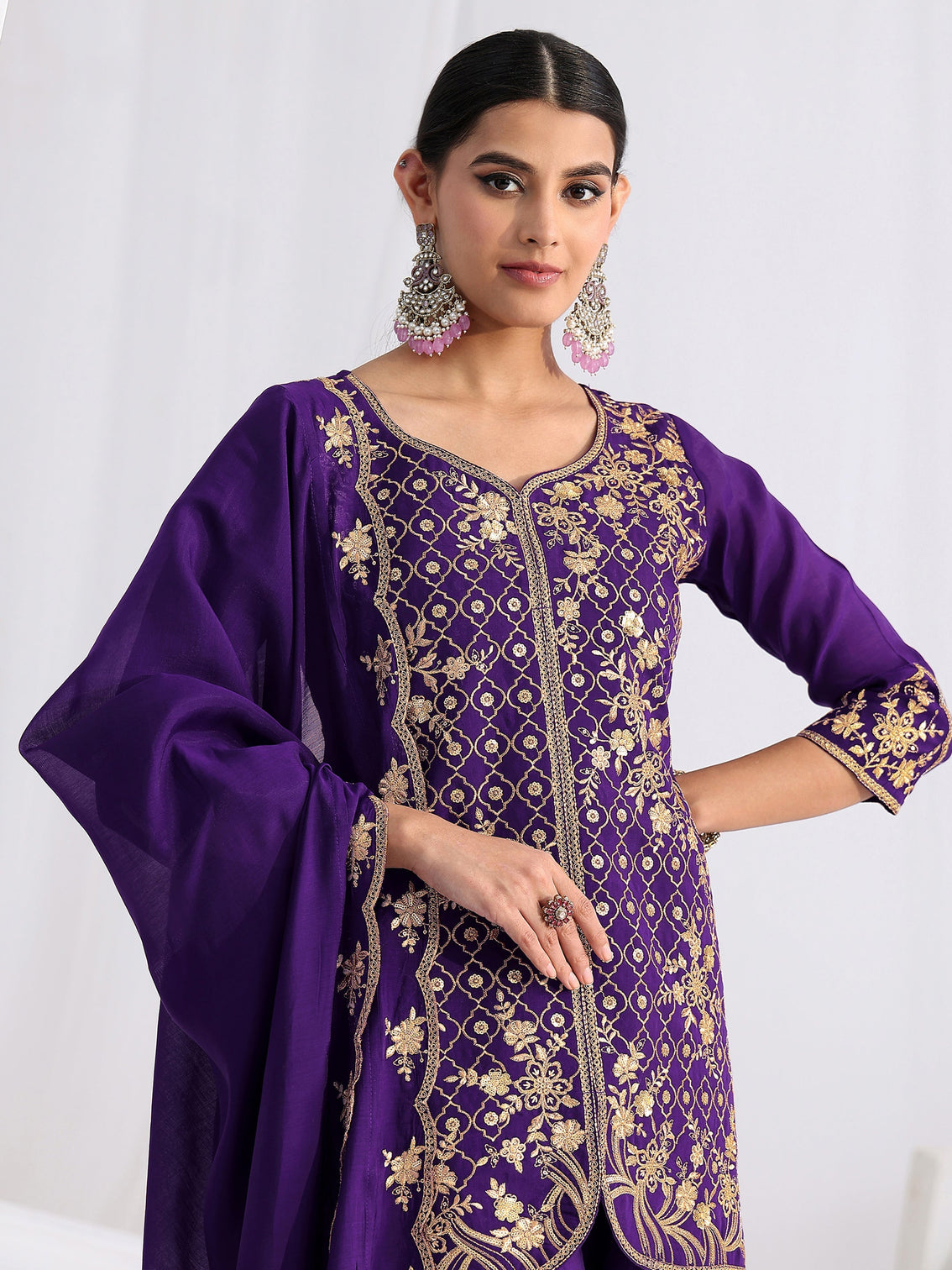 Mameraa Royal Purple Floral Embroidered Chanderi Cotton Sharara Suit Set