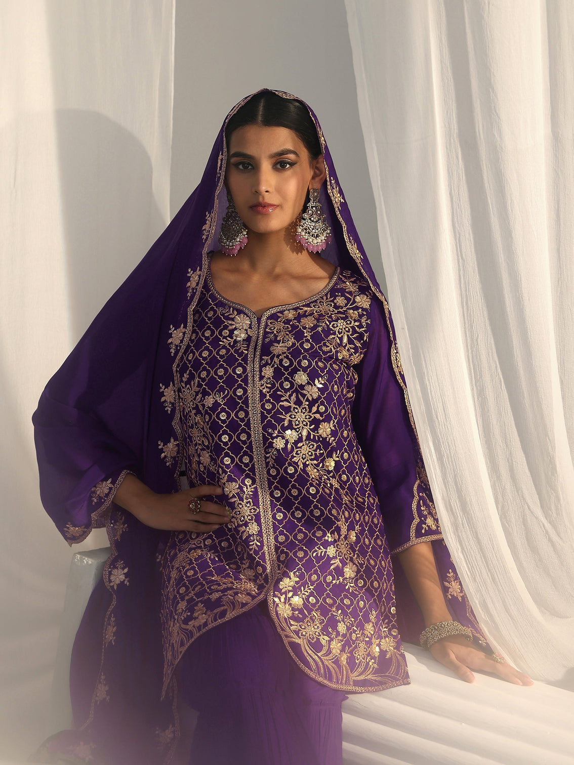 Mameraa Royal Purple Floral Embroidered Chanderi Cotton Sharara Suit Set