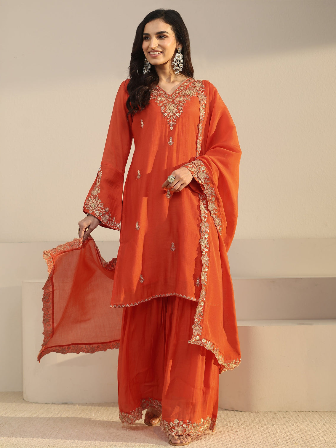 Mameraa Orange Floral Embroidered Chanderi Cotton Sharara Suit Set