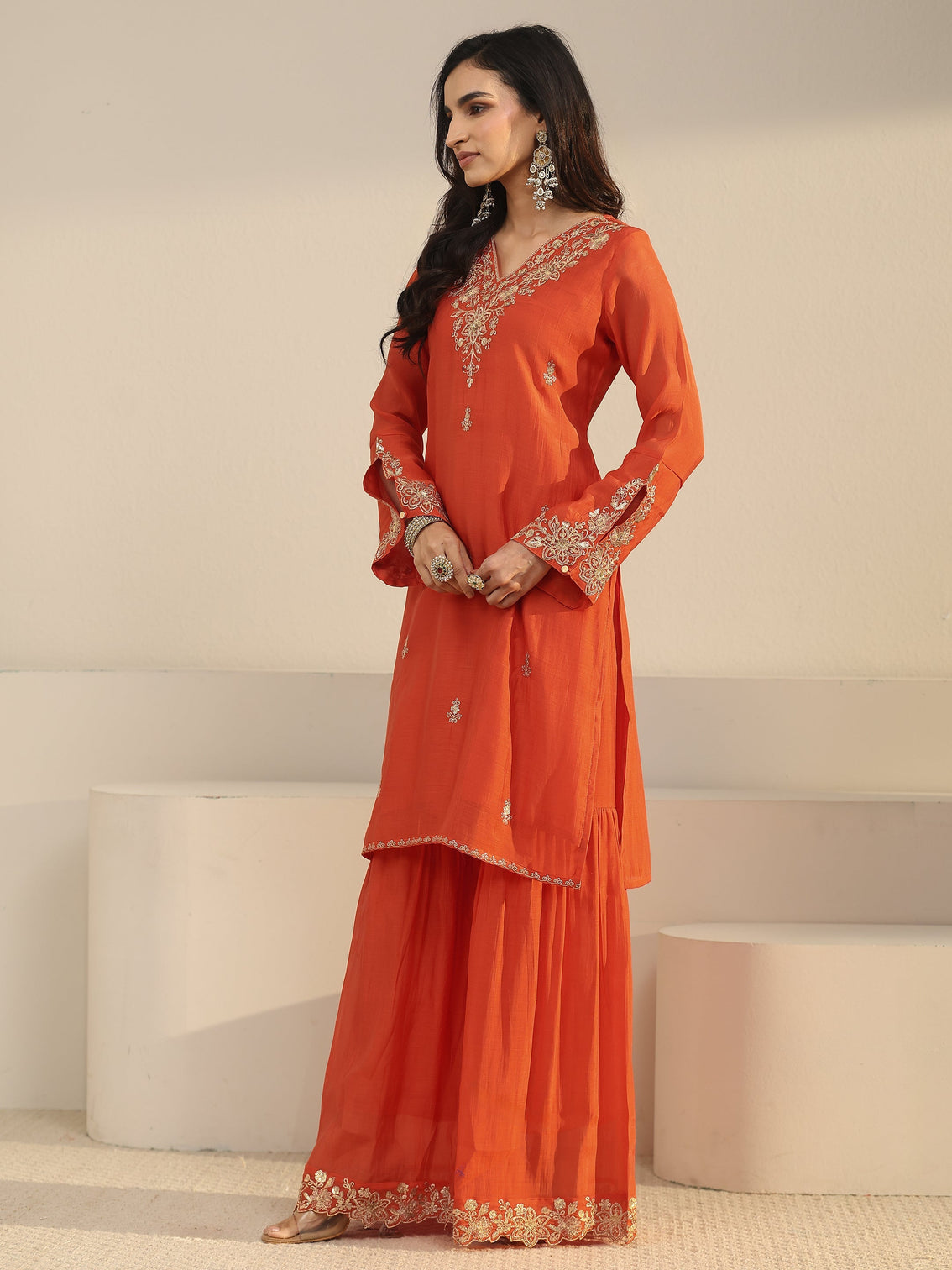Mameraa Orange Floral Embroidered Chanderi Cotton Sharara Suit Set