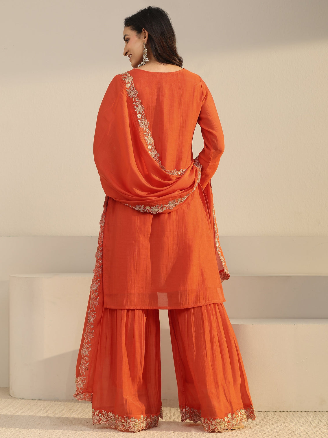 Mameraa Orange Floral Embroidered Chanderi Cotton Sharara Suit Set